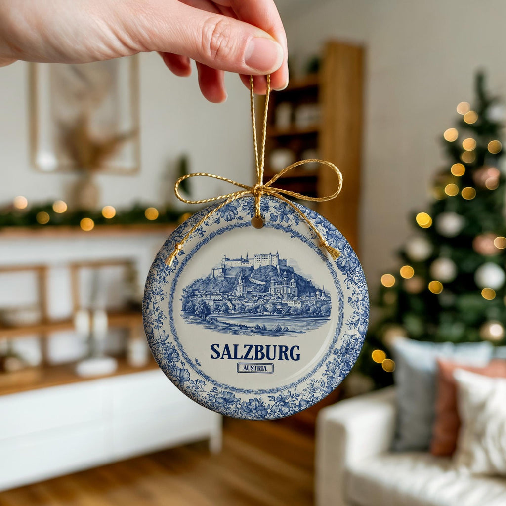 Custom Salzburg Austria Ceramic Delft Ornament, Christmas Delftware Blue Delftware city travel