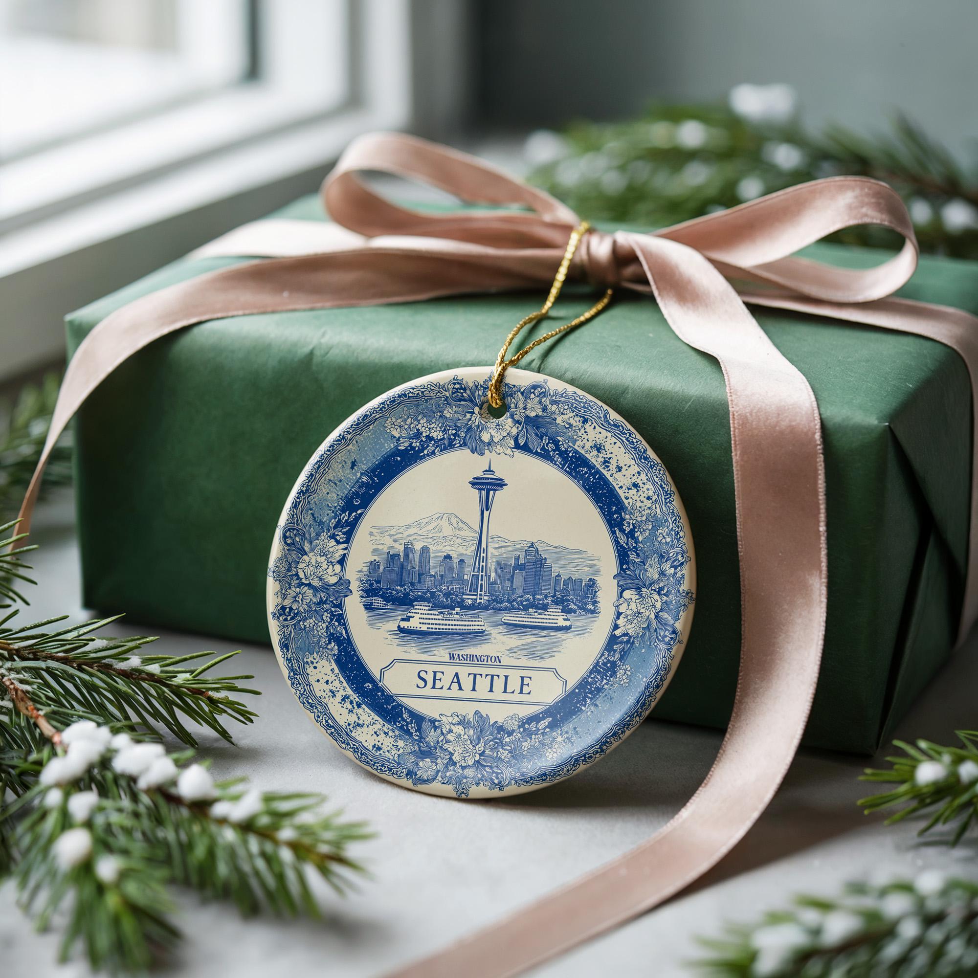 Custom Seattle Washington Ceramic Delft Ornament, Christmas Delftware Blue Delftware city travel