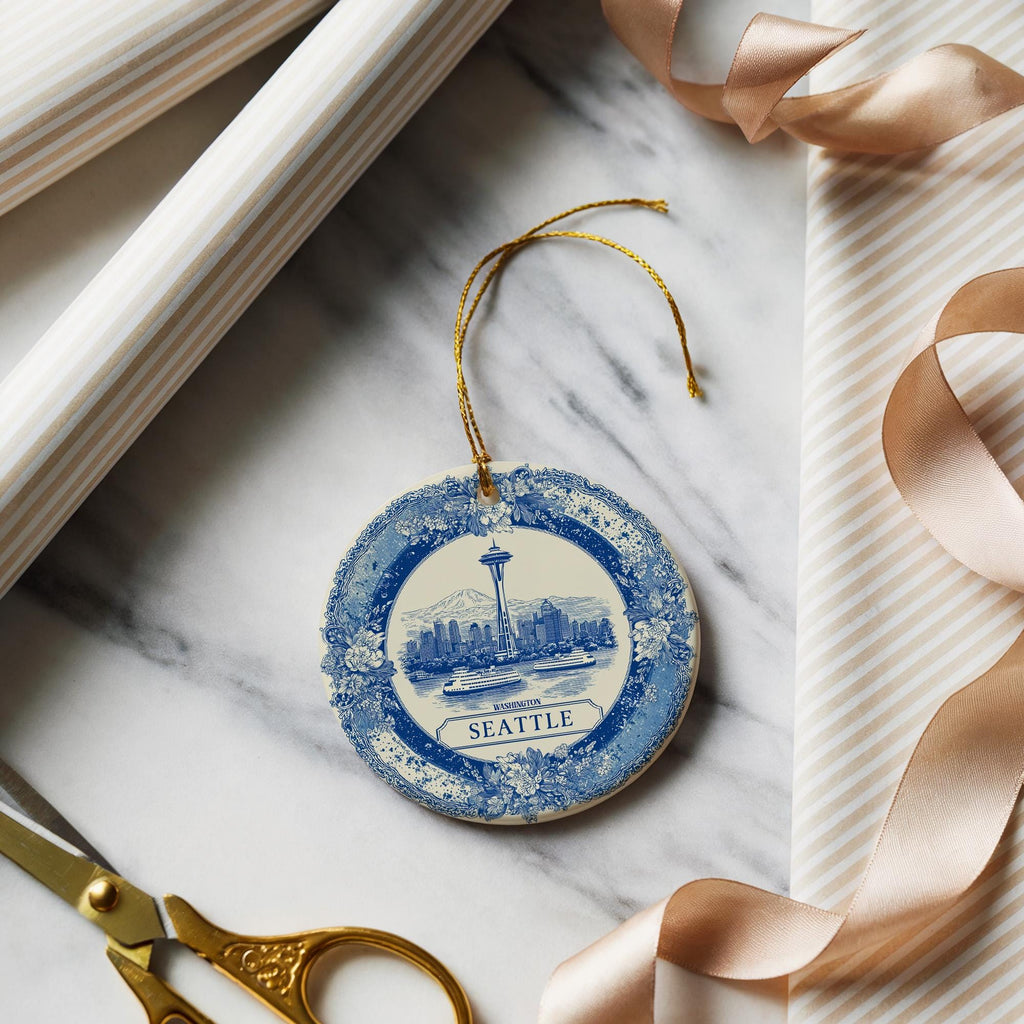 Custom Seattle Washington Ceramic Delft Ornament, Christmas Delftware Blue Delftware city travel