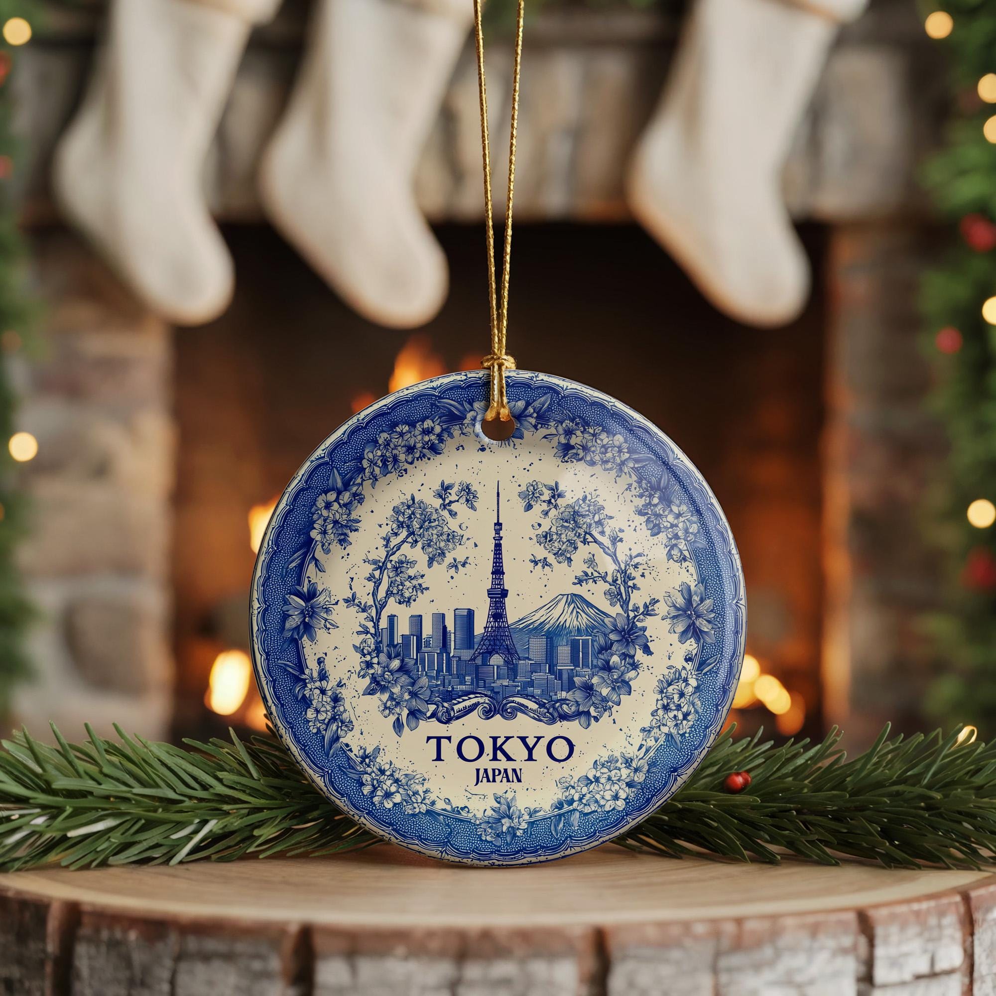 Custom Tokyo Japan Ceramic Delft Ornament, Christmas Delftware Blue Delftware city travel