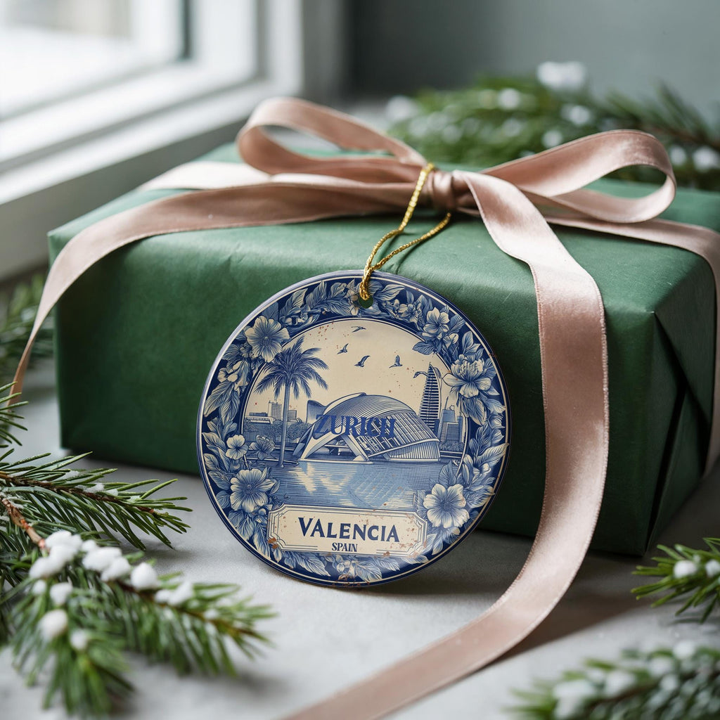 Custom Valencia Spain Ceramic Delft Ornament, Christmas Delftware Blue Delftware city travel