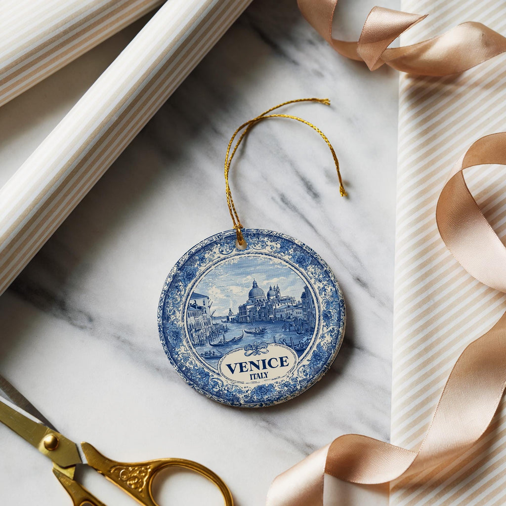 Custom Venice Italy Ceramic Delft Ornament, Christmas Delftware Blue Delftware city travel