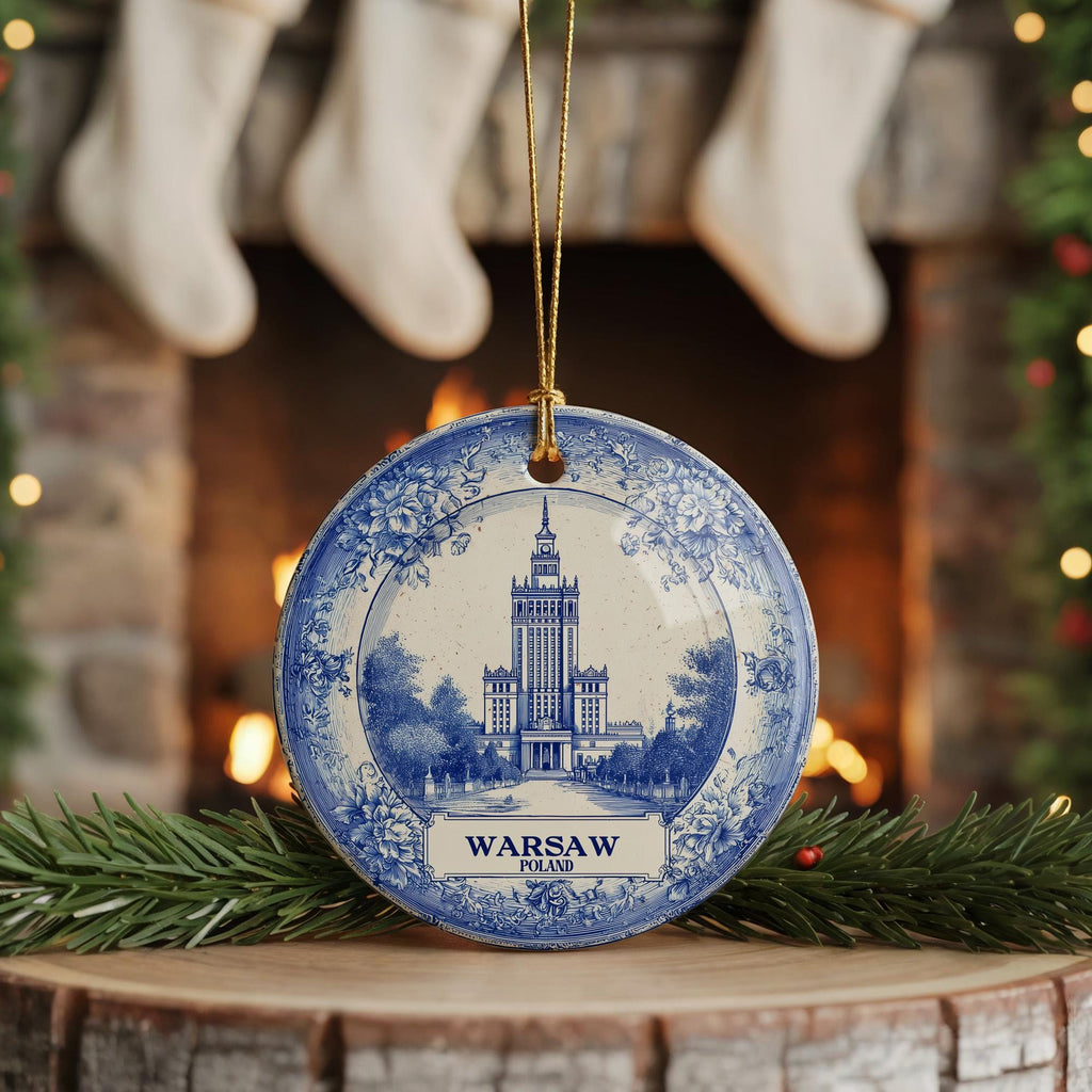 Custom Warsaw Poland Ceramic Delft Ornament, Christmas Delftware Blue Delftware city travel