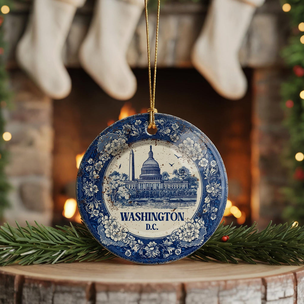 Custom Washington DC Ceramic Delft Ornament, Christmas Delftware Blue Delftware city travel