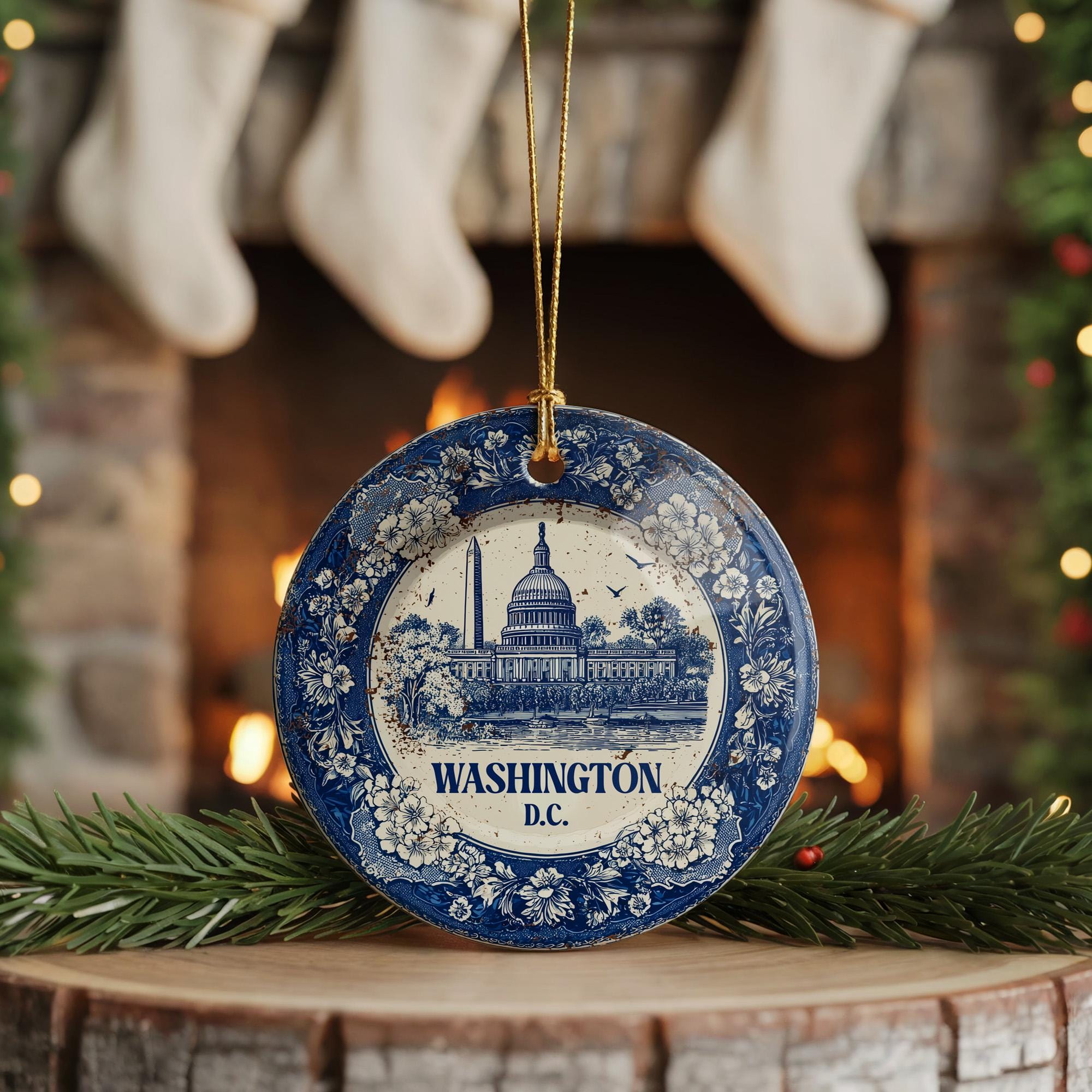 Custom Washington DC Ceramic Delft Ornament, Christmas Delftware Blue Delftware city travel