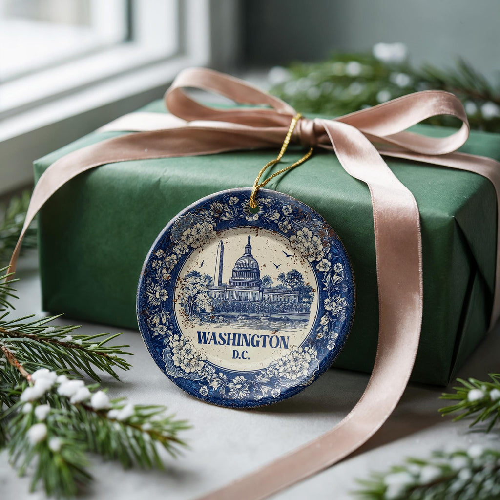 Custom Washington DC Ceramic Delft Ornament, Christmas Delftware Blue Delftware city travel
