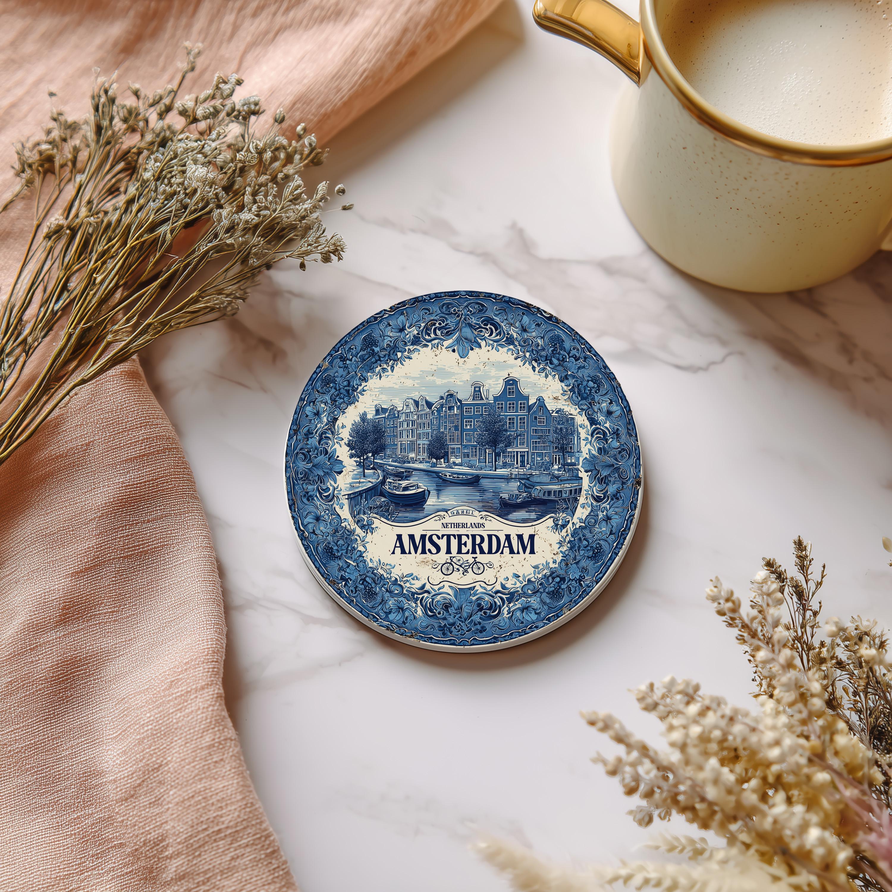 Amsterdam Netherlands Delftware Ceramic Coaster, Blue White Travel Gift, Vintage Home Decor Collectible