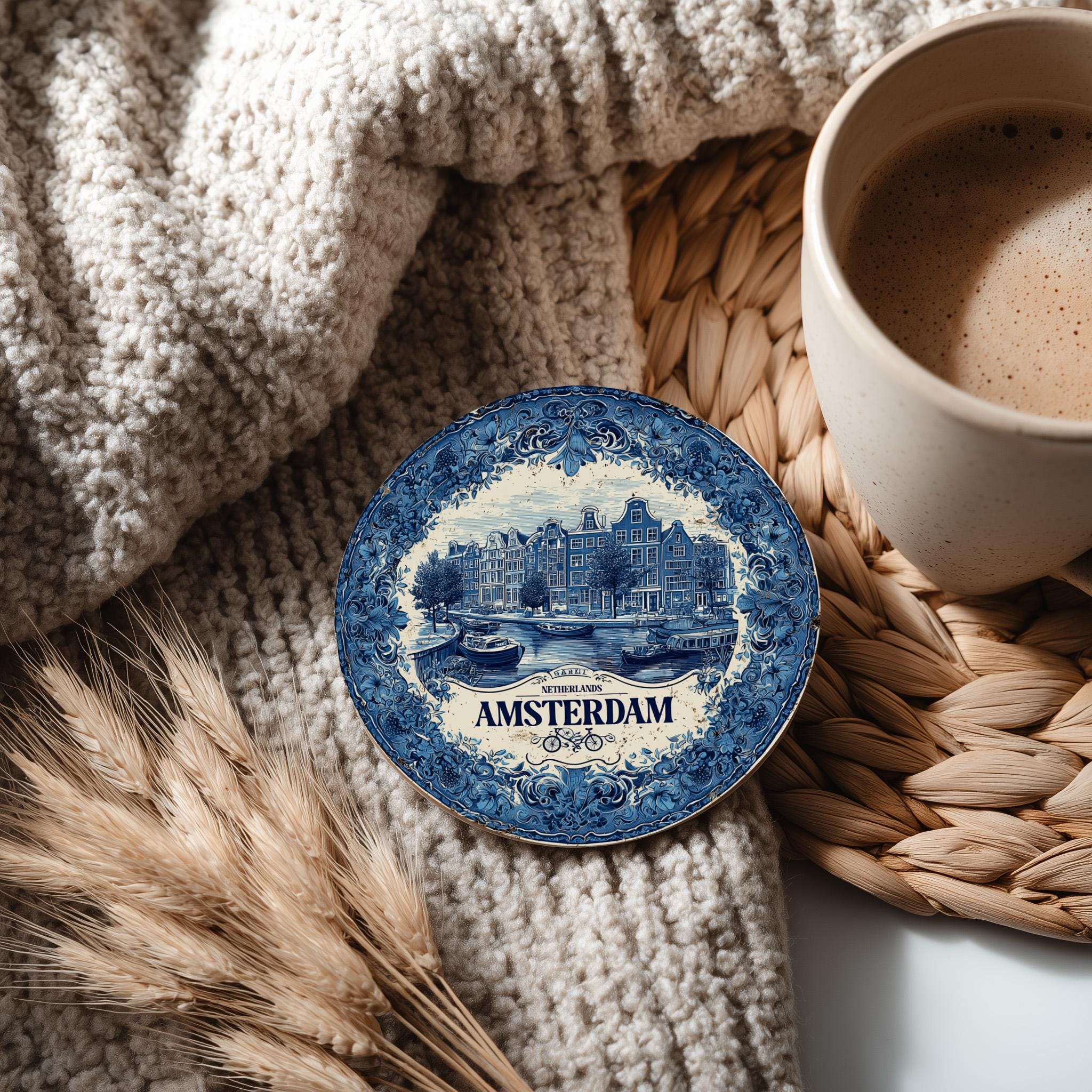 Amsterdam Netherlands Delftware Ceramic Coaster, Blue White Travel Gift, Vintage Home Decor Collectible