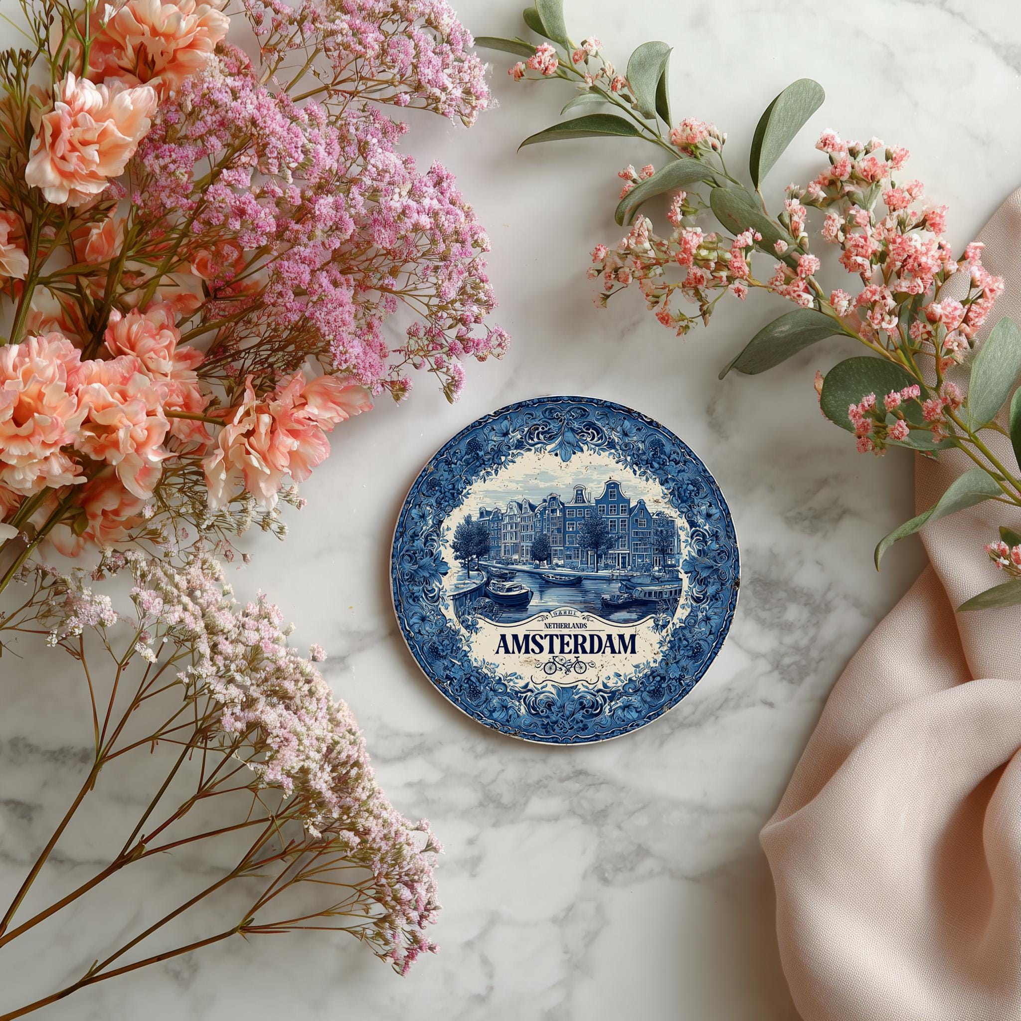 Amsterdam Netherlands Delftware Ceramic Coaster, Blue White Travel Gift, Vintage Home Decor Collectible