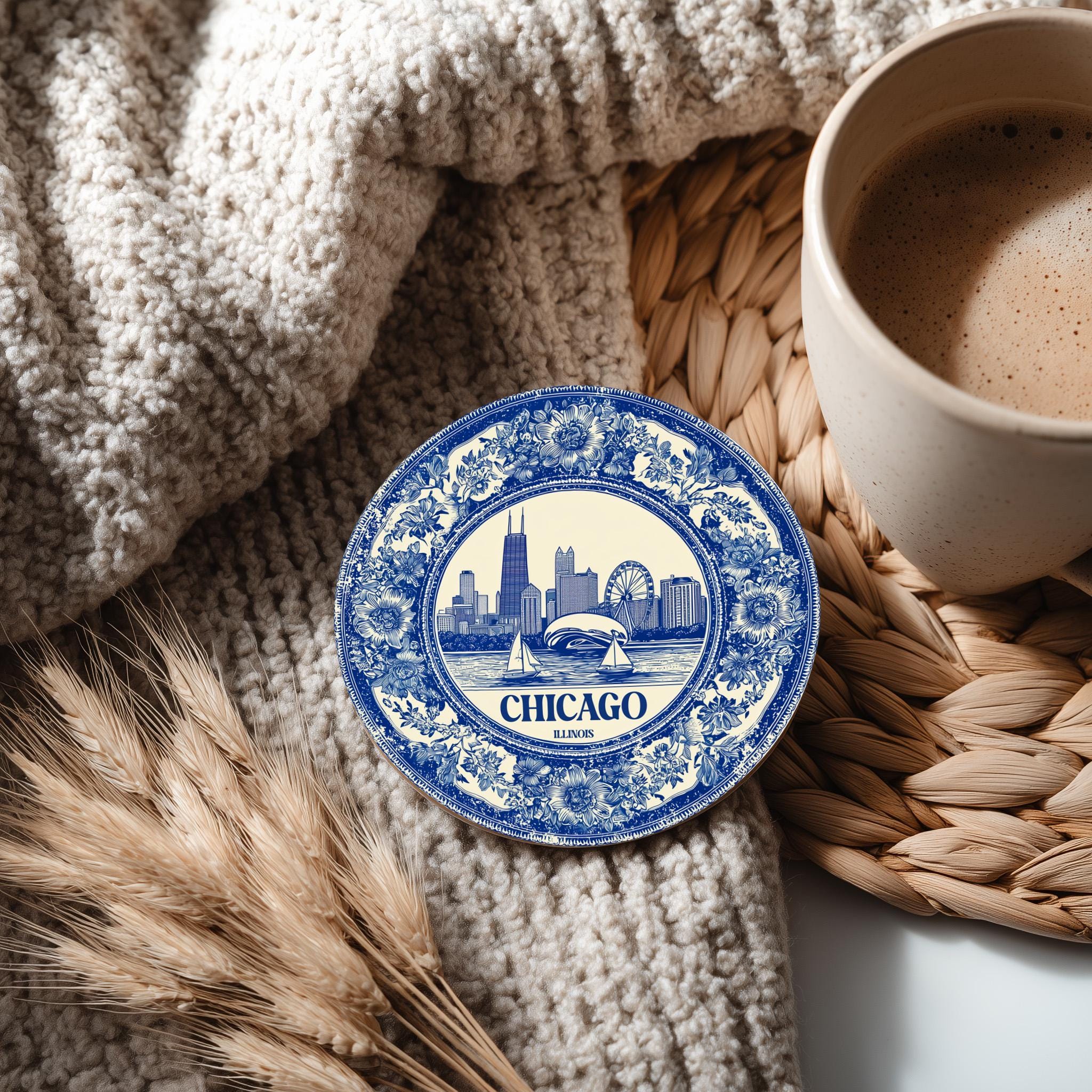 Chicago Illinois US Delftware Ceramic Coaster, Blue White Travel Gift, Vintage Home Decor Collectible