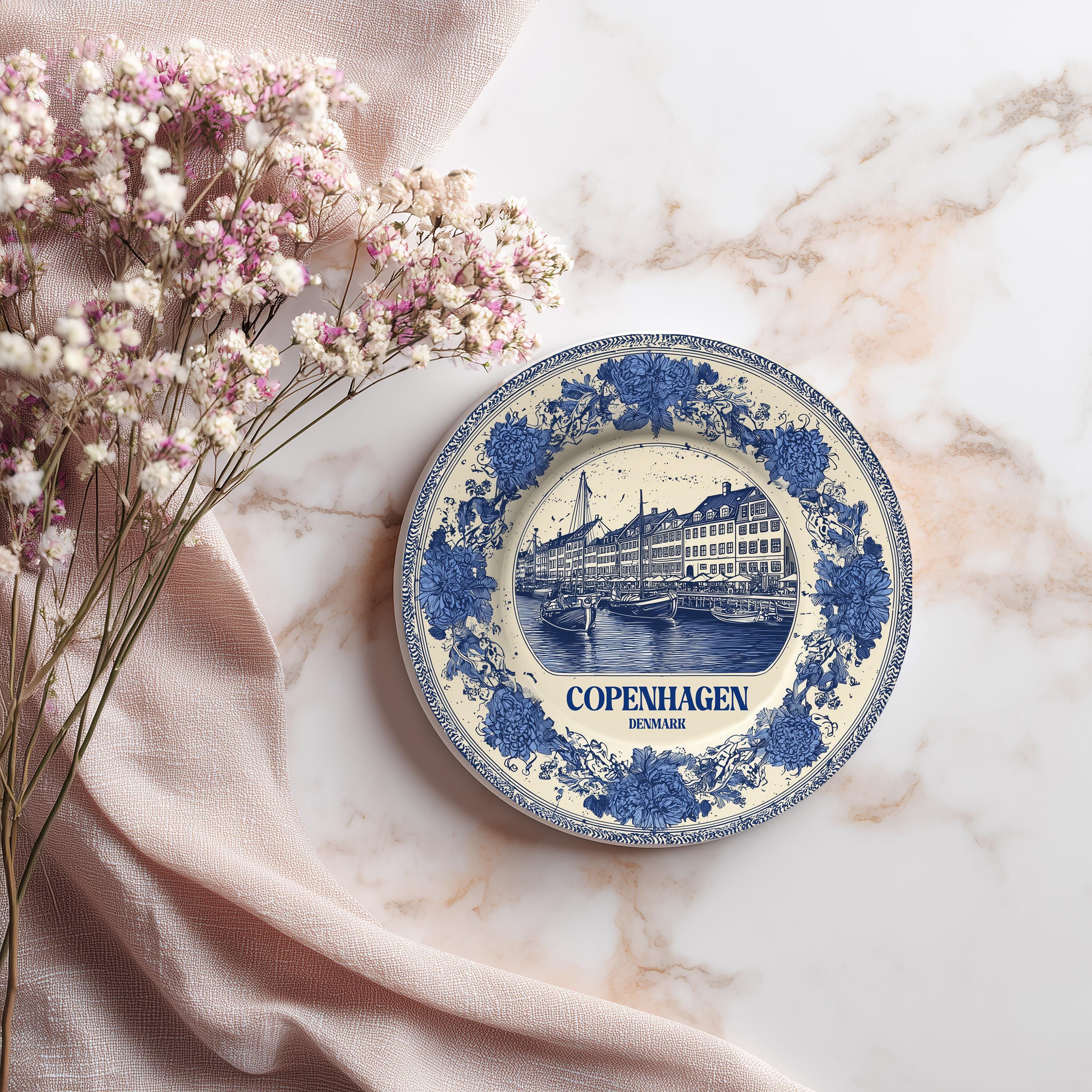 Copenhagen Denmark Delftware Ceramic Coaster, Blue White Travel Gift, Vintage Home Decor Collectible
