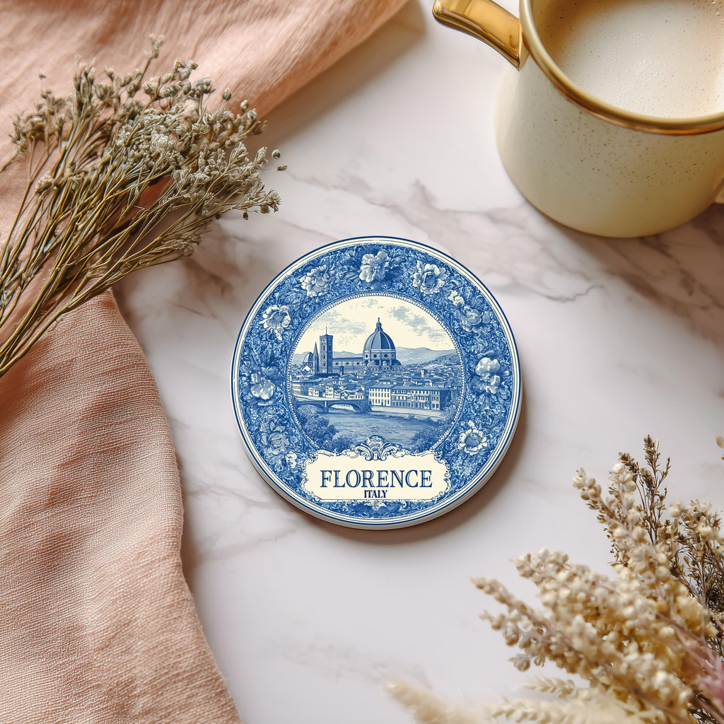 Florence Italy Delftware ceramic coaster with blue and white city landmark design and decorative floral border