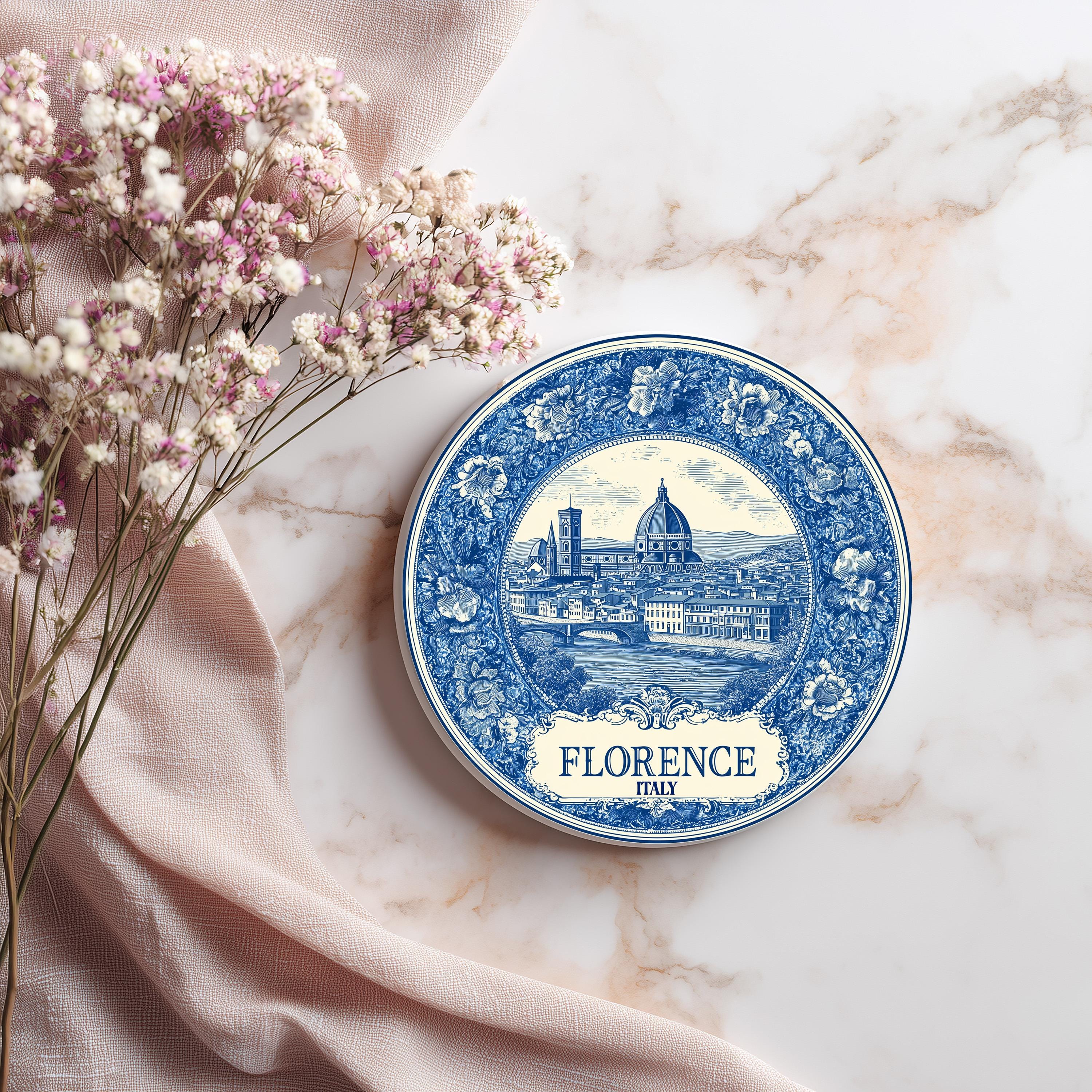 Florence Italy Delftware Ceramic Coaster, Blue White Travel Gift, Vintage Home Decor Collectible