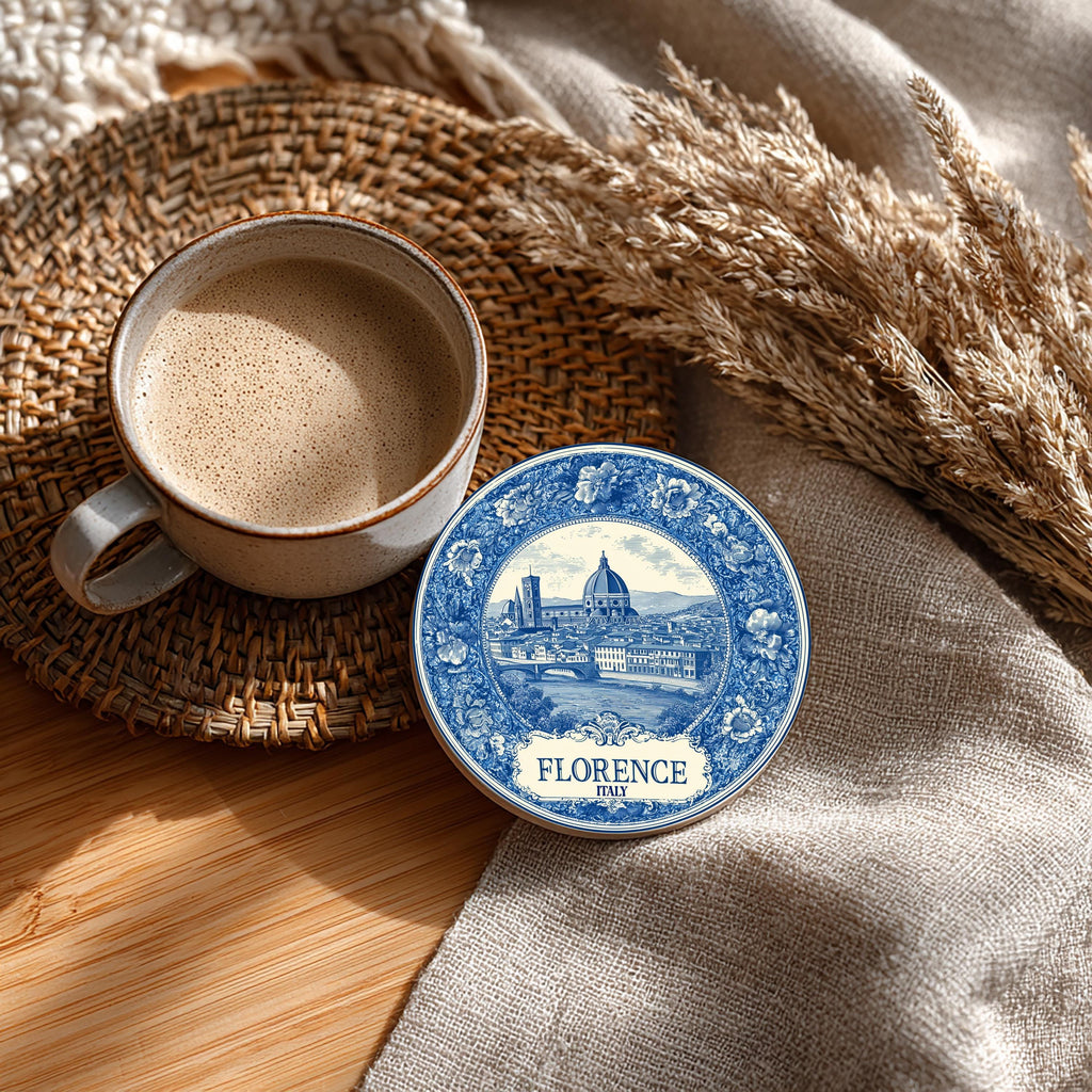 Florence Italy Delftware Ceramic Coaster, Blue White Travel Gift, Vintage Home Decor Collectible