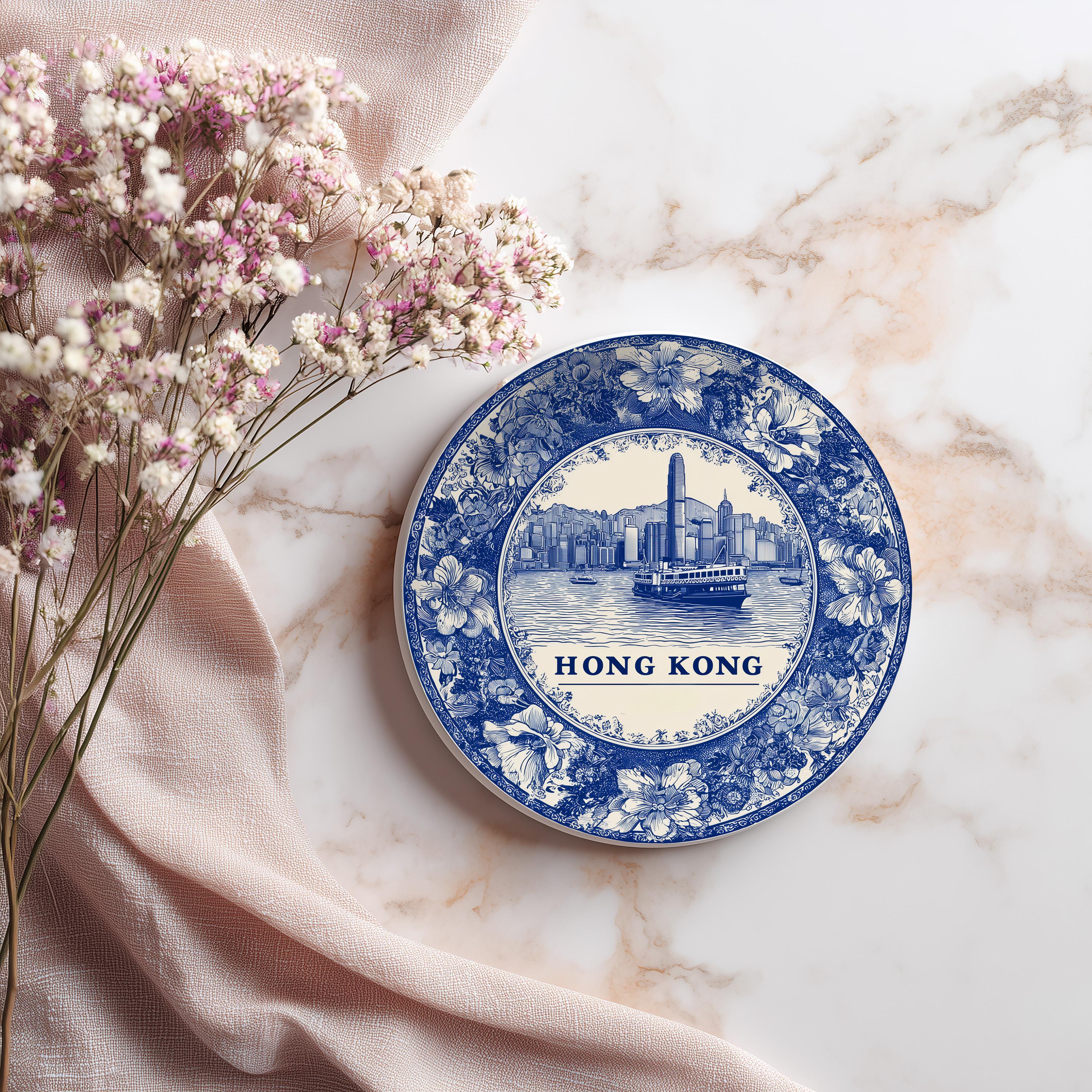 Hong Kong Delftware Ceramic Coaster, Blue White Travel Gift, Vintage Home Decor Collectible