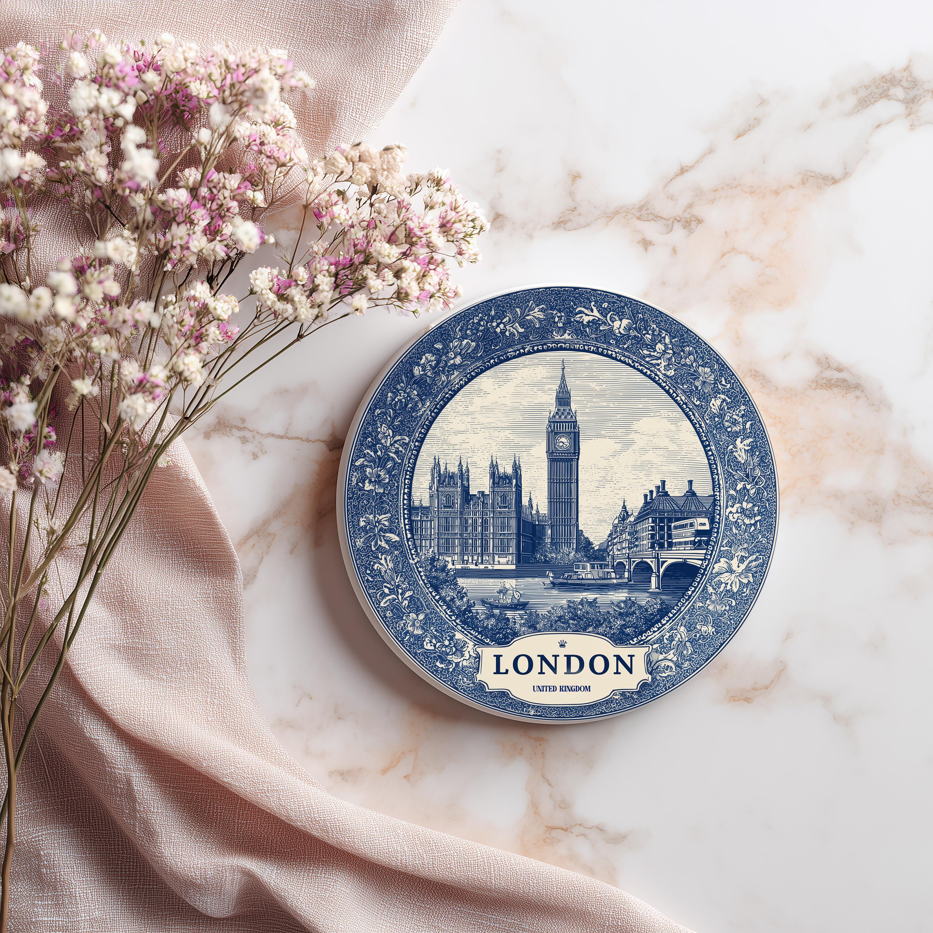 London UK Delftware Ceramic Coaster, Blue White Travel Gift, Vintage Home Decor Collectible