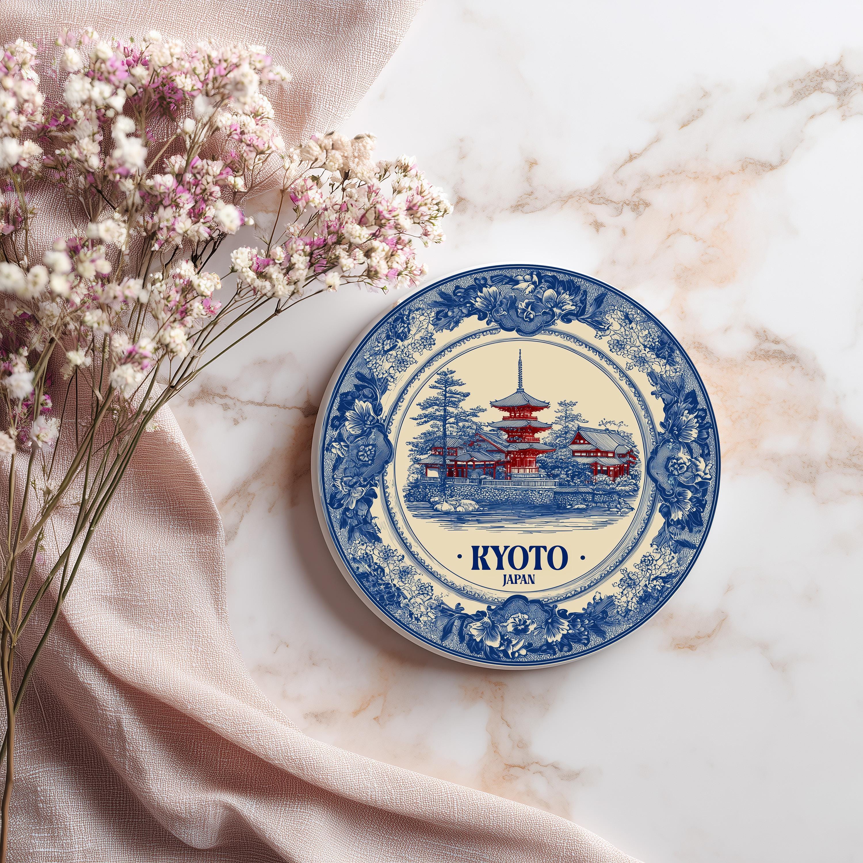 Kyoto Japan Delftware Ceramic Coaster, Blue White Travel Gift, Vintage Home Decor Collectible