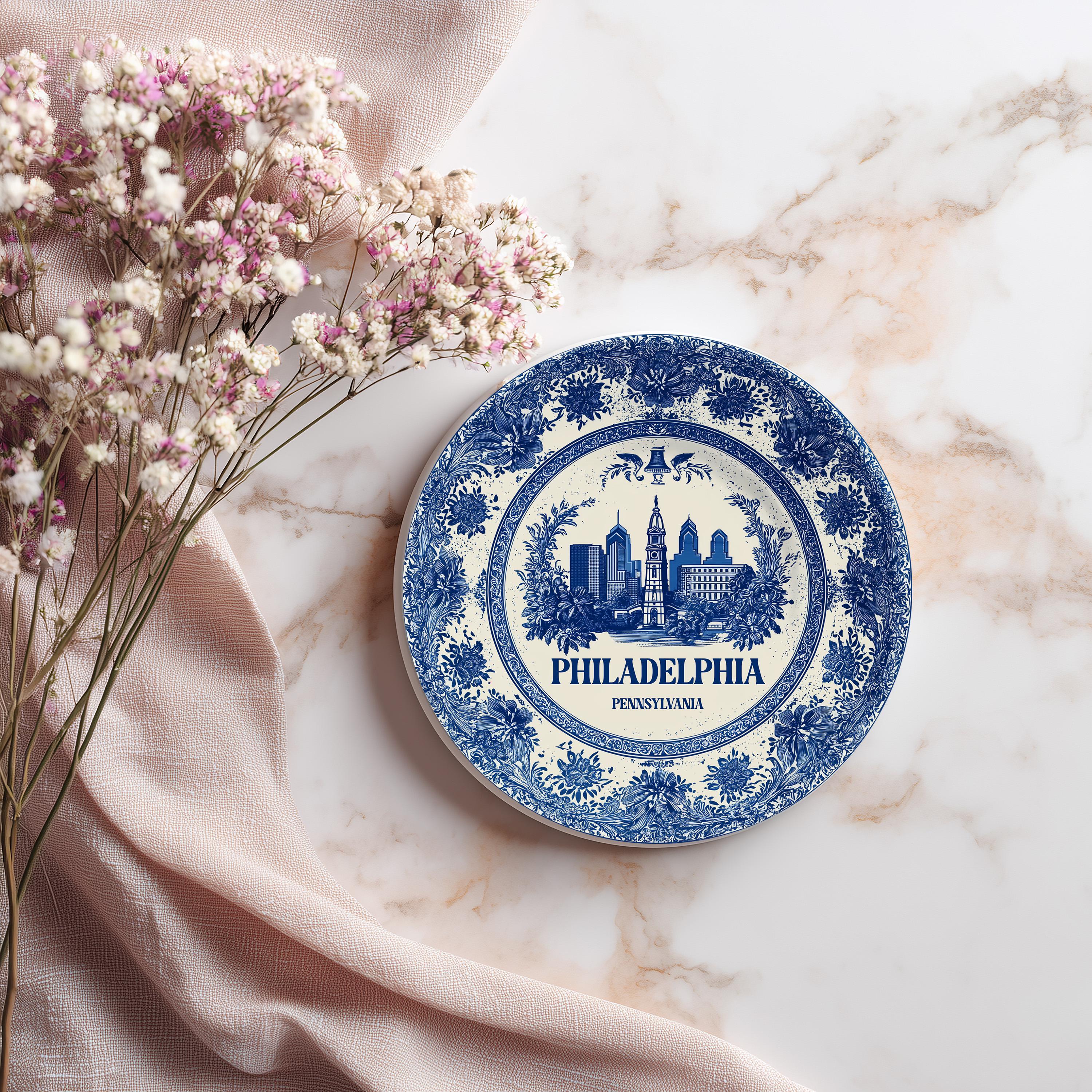 Philadelphia Pennsylvania 2222 Delftware Ceramic Coaster, Blue White Travel Gift, Vintage Home Decor Collectible