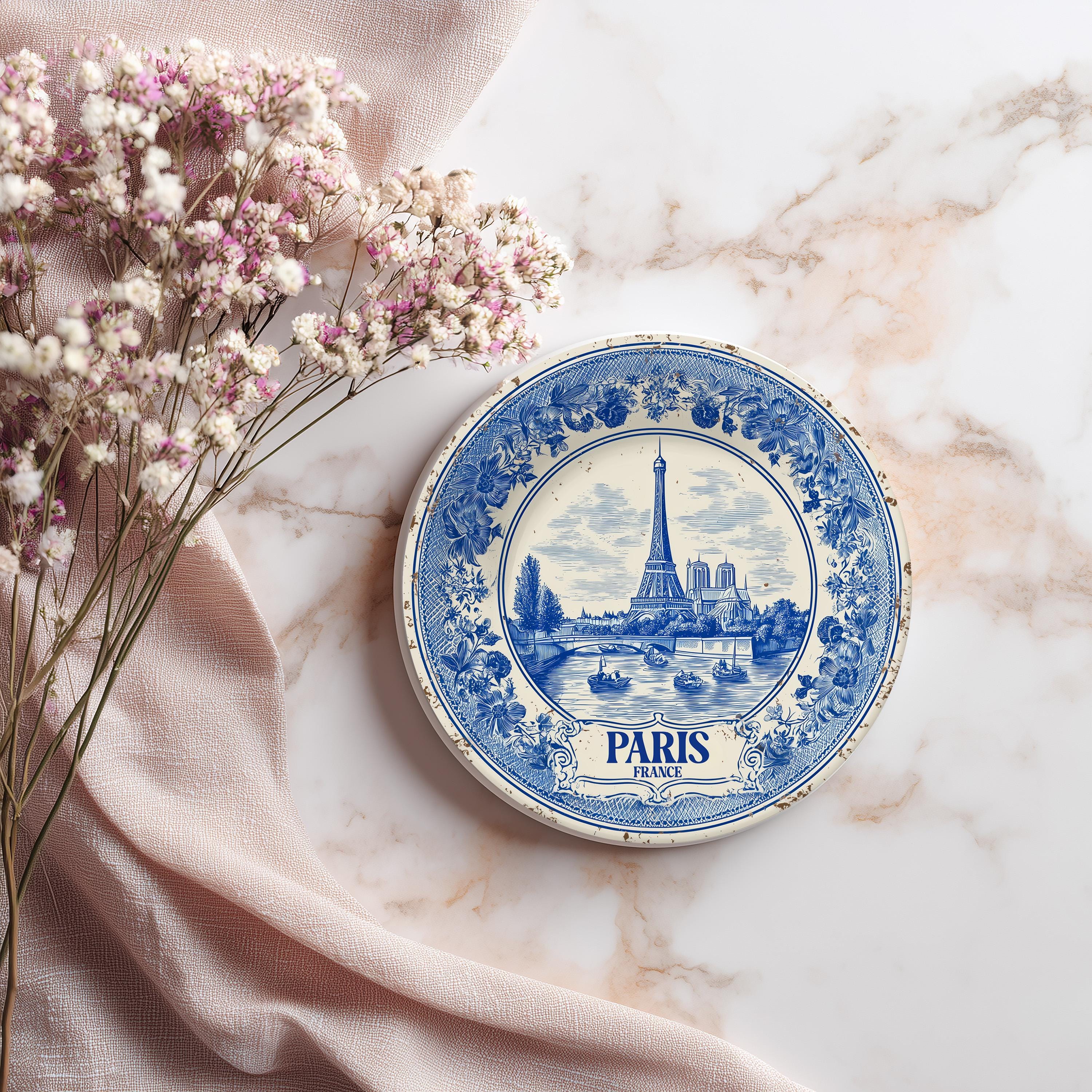 Paris France Delftware Ceramic Coaster, Blue White Travel Gift, Vintage Home Decor Collectible