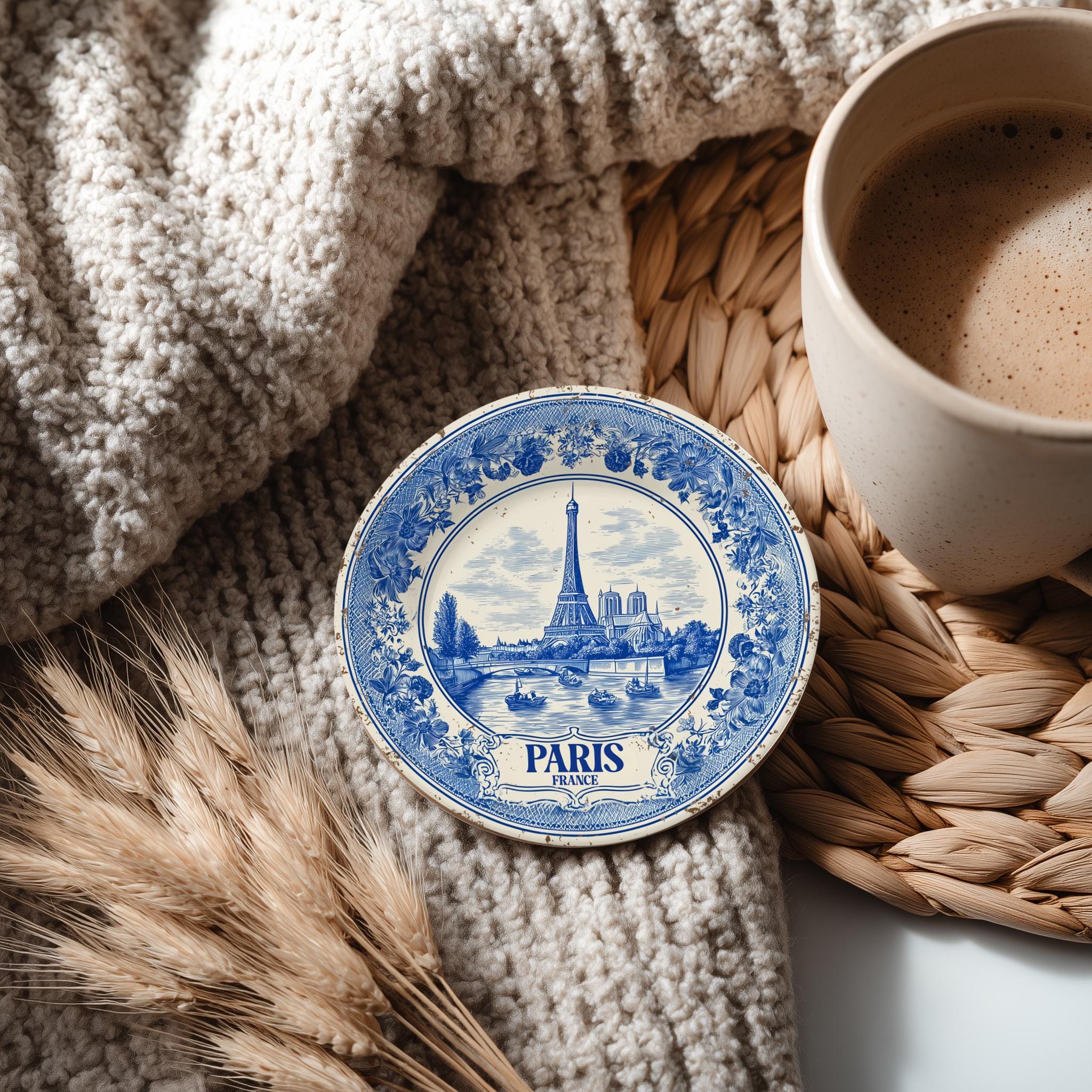 Paris France Delftware Ceramic Coaster, Blue White Travel Gift, Vintage Home Decor Collectible