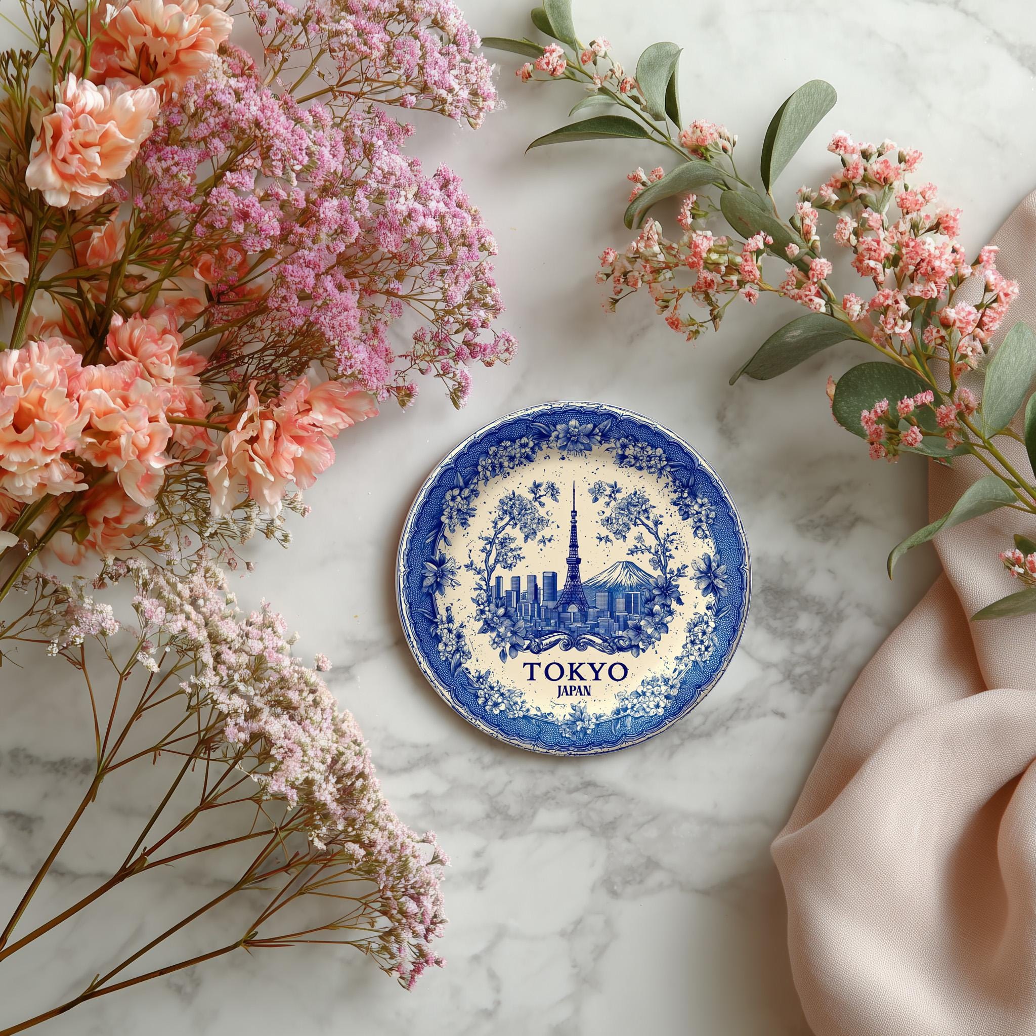 Tokyo Japan Delftware Ceramic Coaster, Blue White Travel Gift, Vintage Home Decor Collectible