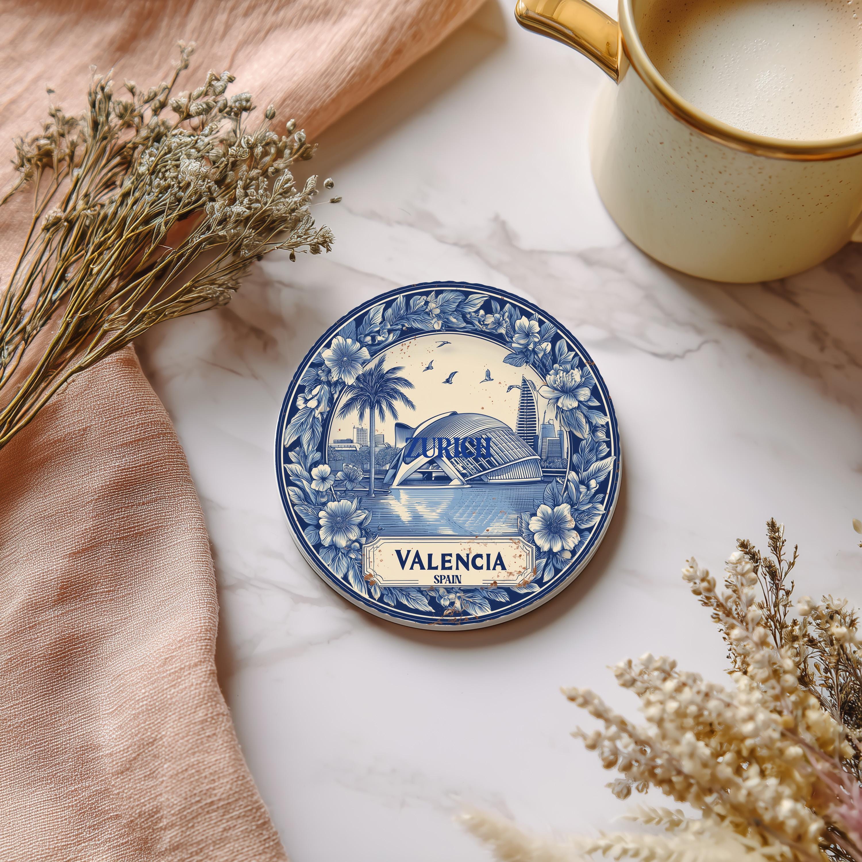 Valencia Spain Delftware Ceramic Coaster, Blue White Travel Gift, Vintage Home Decor Collectible