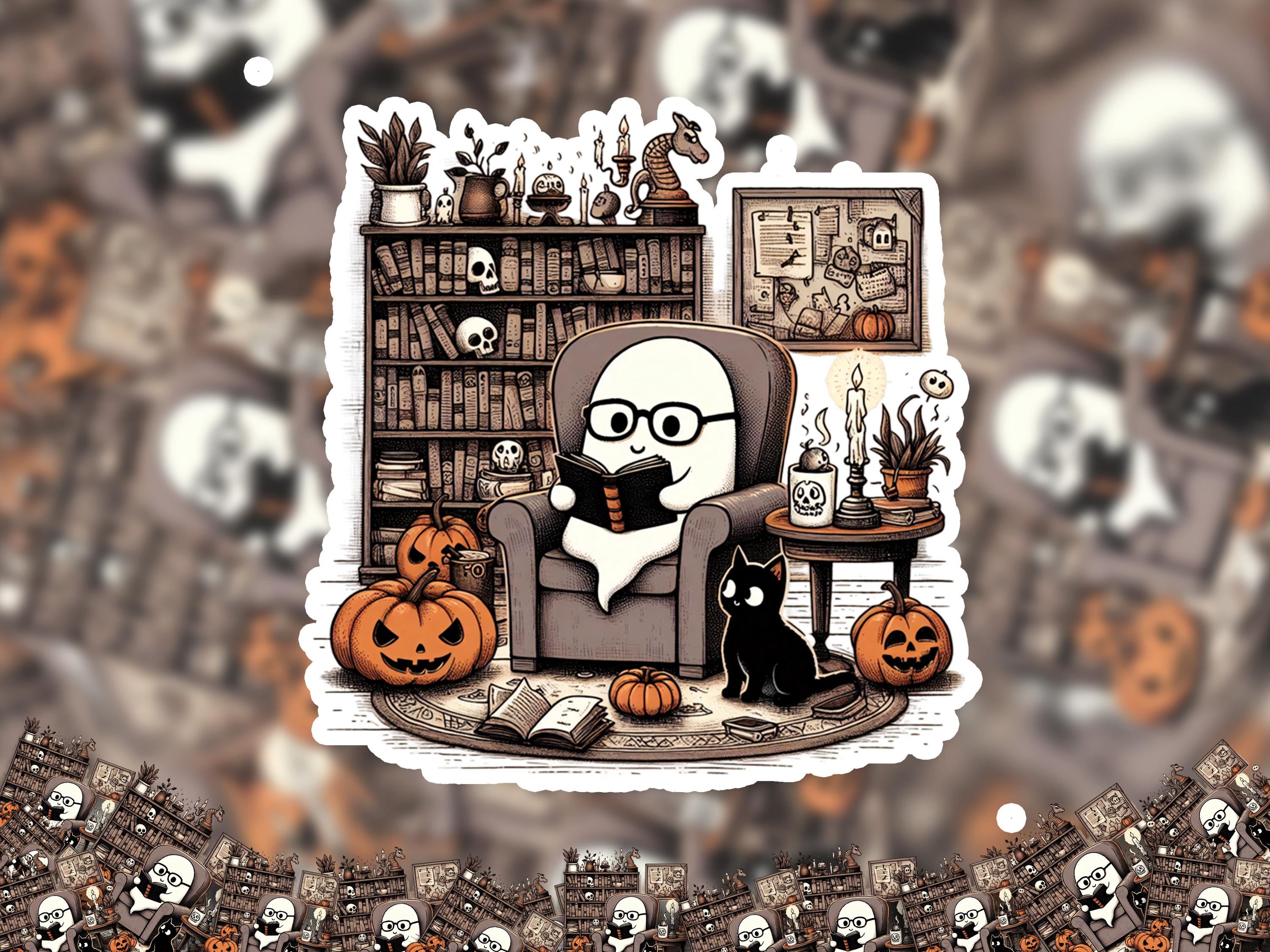 Reading Ghost Sticker, Cute Halloween Spooky Vinyl Decal, Book lover Fall gift