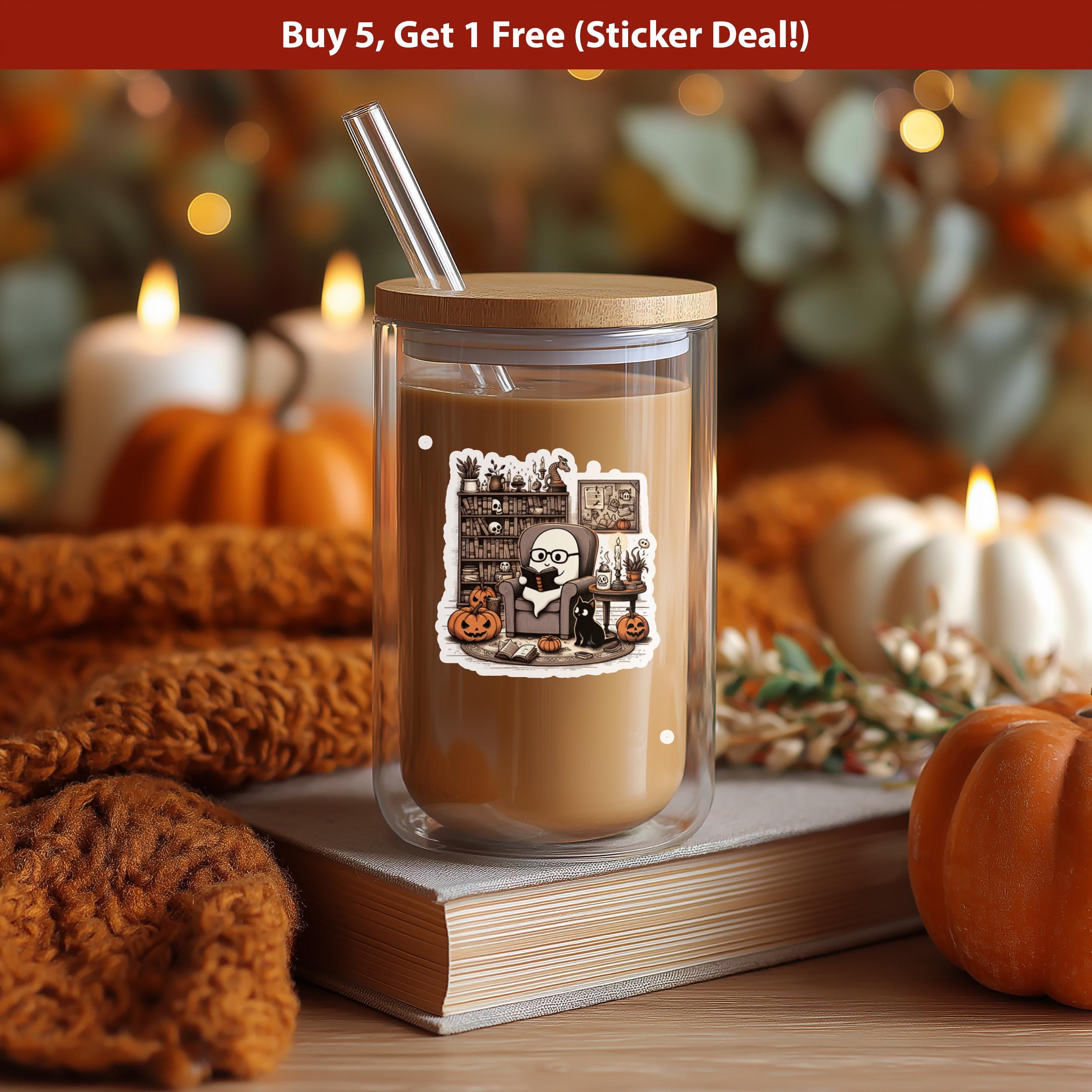 Reading Ghost Sticker, Cute Halloween Spooky Vinyl Decal, Book lover Fall gift