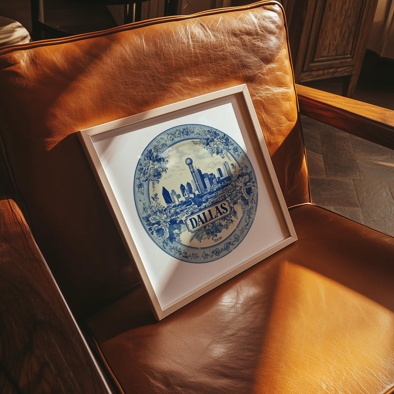 Dallas Texas Wall Art, Vintage Delft Blue Poster, City Print, Travel Home Decor