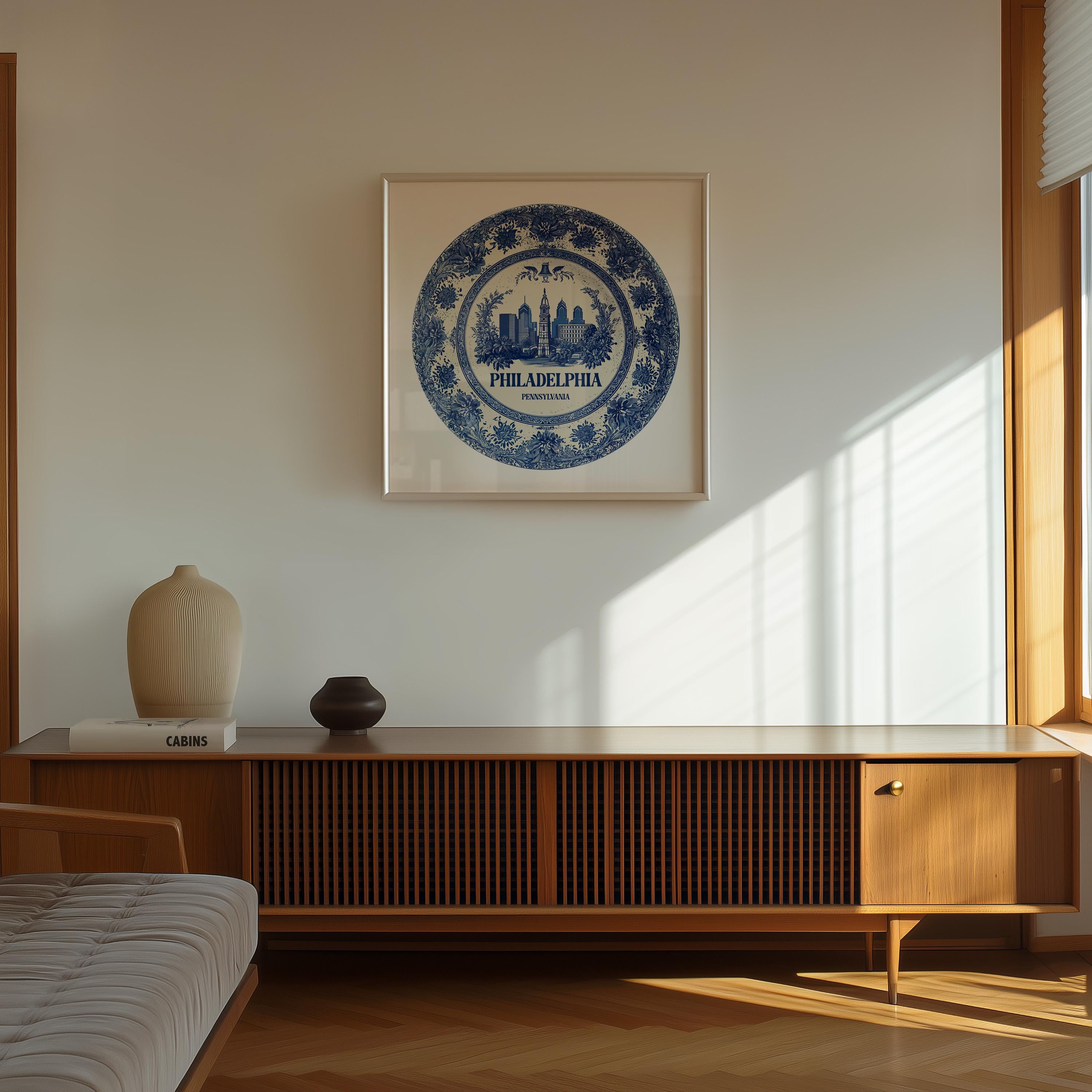 Philadelphia Wall Aer Pennsylvania, Vintage Delft Blue Poster, City Print, Travel Home Decor