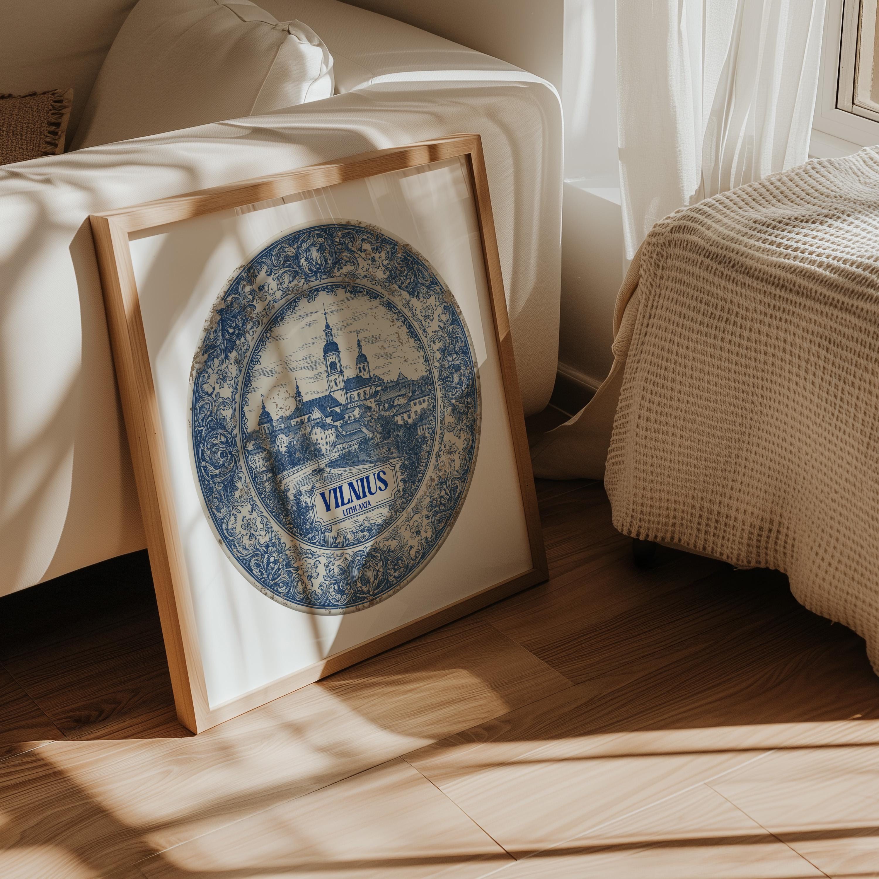Vilnius Lithuania Wall Art, Vintage Delft Blue Poster, City Print, Travel Home Decor
