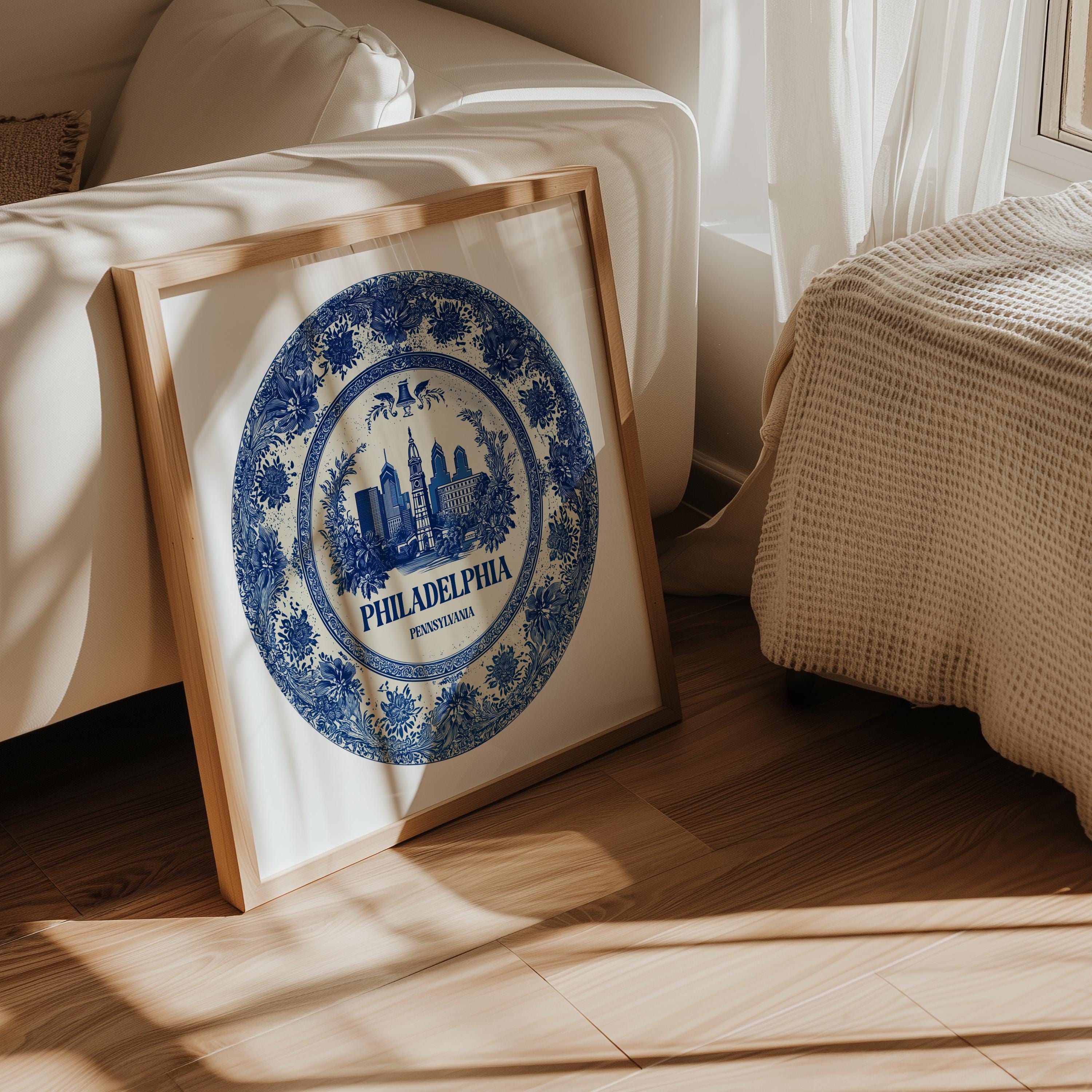 Philadelphia Wall Aer Pennsylvania, Vintage Delft Blue Poster, City Print, Travel Home Decor