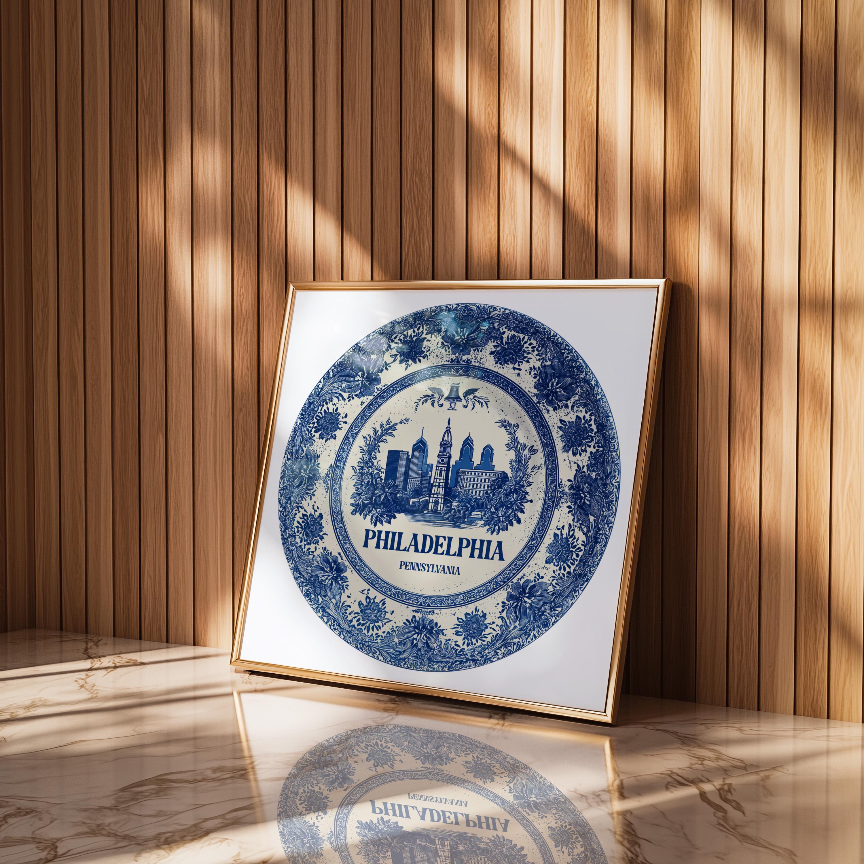 Philadelphia Wall Aer Pennsylvania, Vintage Delft Blue Poster, City Print, Travel Home Decor