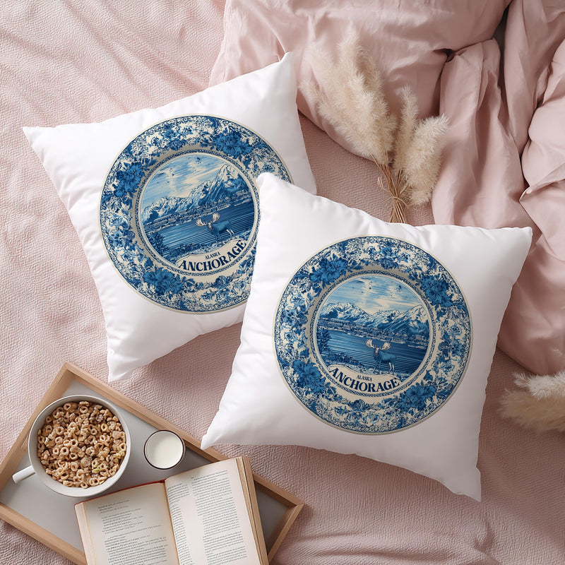 Anchorage Alaska Pillowcase, Delft Style Decorative Throw Pillow, Vintage Cityscape Retro Home Decor