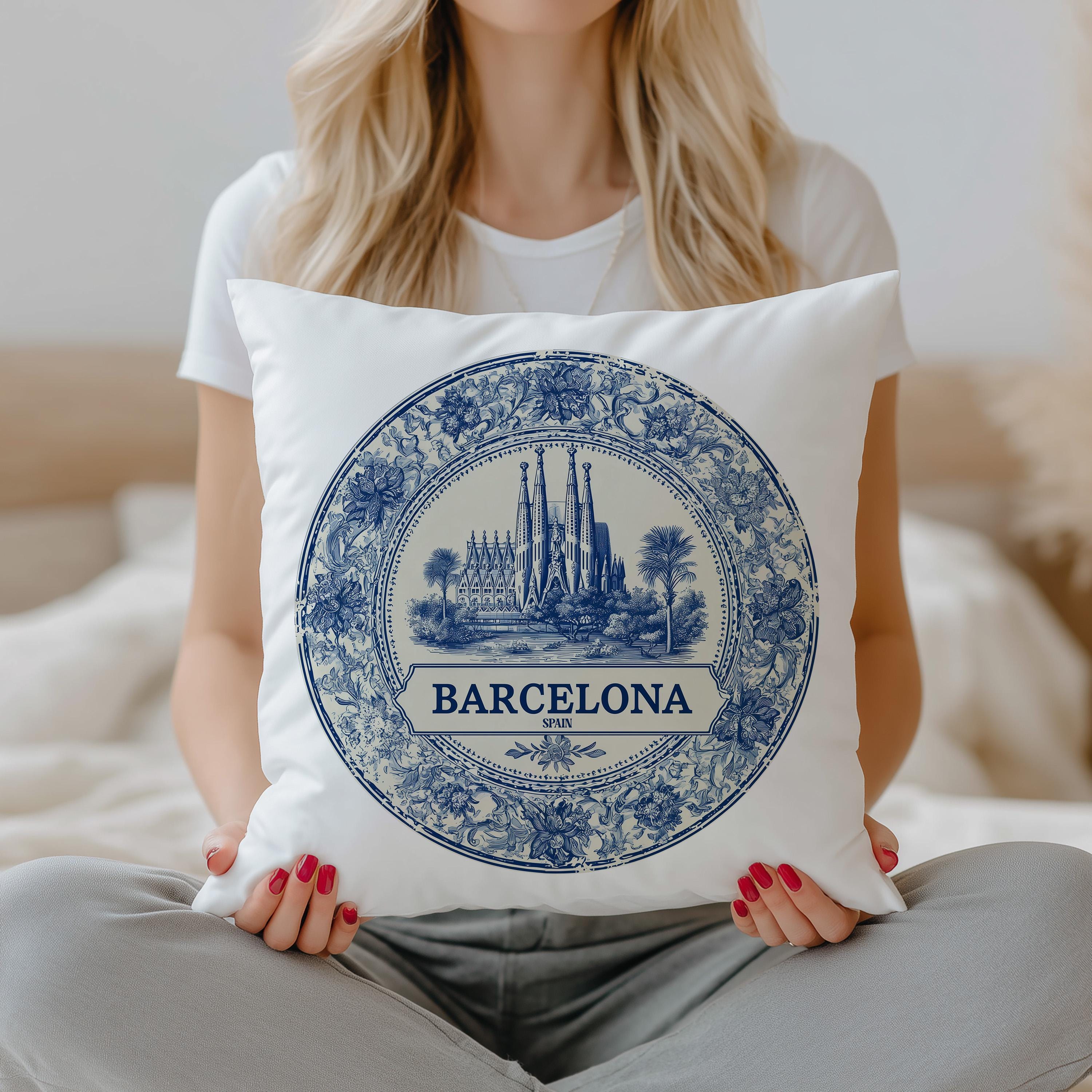 Barcelona Spain Pillowcase, Delft Style Decorative Throw Pillow, Vintage Cityscape Retro Home Decor