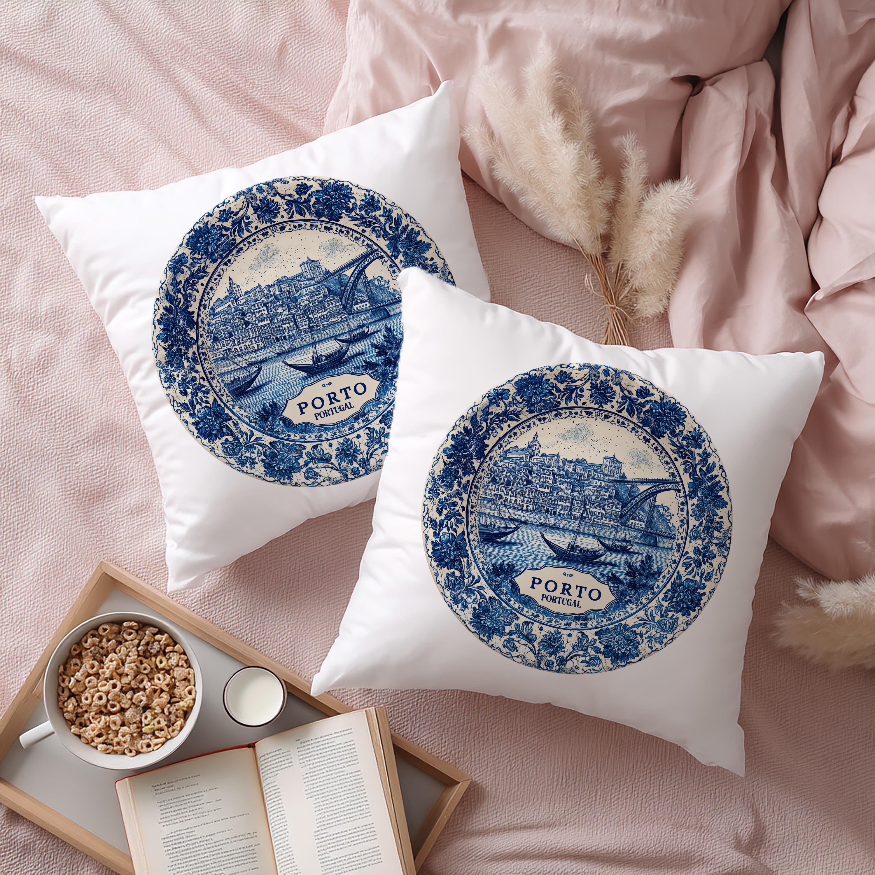 Porto Portugal Pillowcase, Delft Style Decorative Throw Pillow, Vintage Cityscape Retro Home Decor