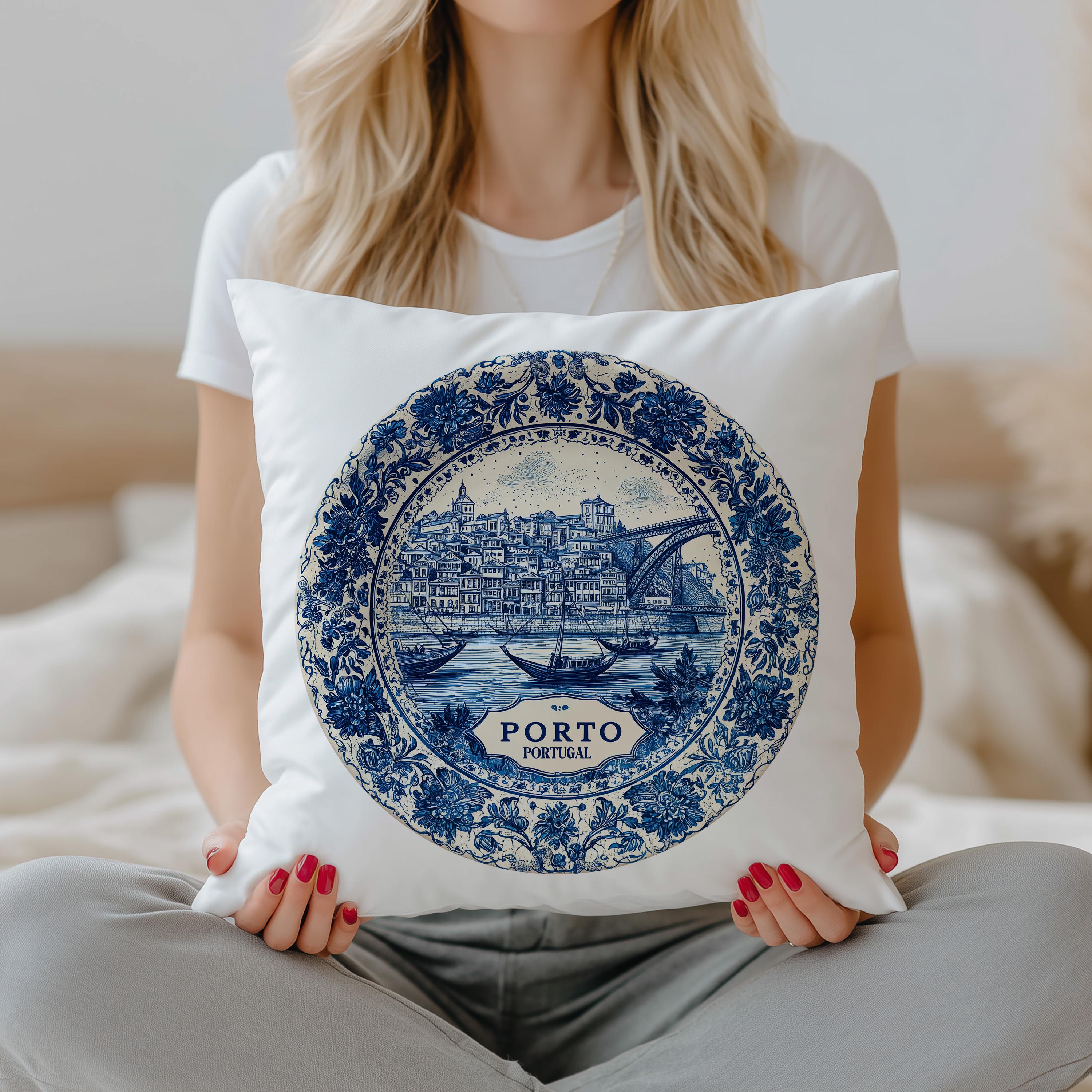 Porto Portugal Pillowcase, Delft Style Decorative Throw Pillow, Vintage Cityscape Retro Home Decor
