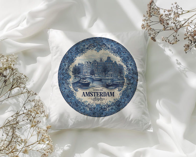 Amsterdam Netherlands Pillowcase, Delft Style Decorative Throw Pillow, Vintage Cityscape Retro Home Decor