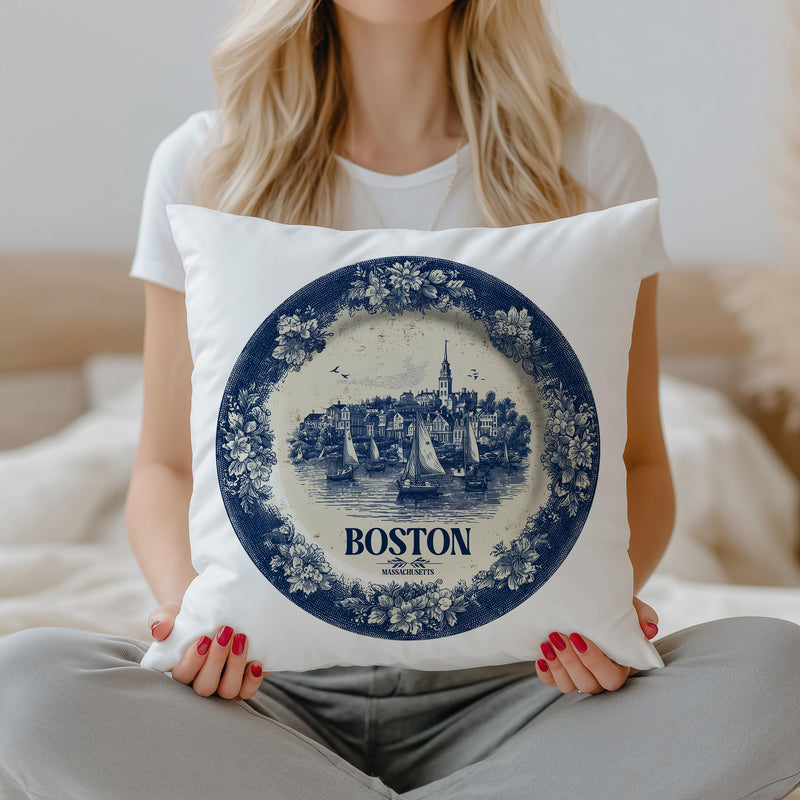 Boston Massachusetts2 Pillowcase, Delft Style Decorative Throw Pillow, Vintage Cityscape Retro Home Decor