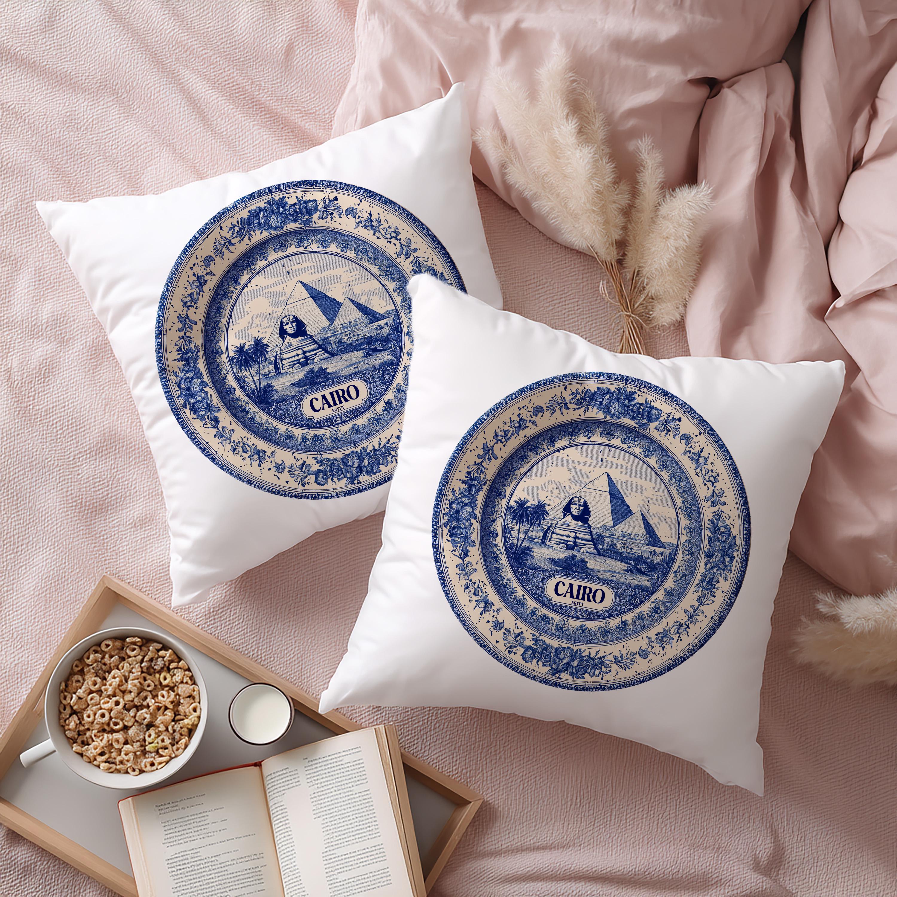 Cairo Egypt Pillowcase, Delft Style Decorative Throw Pillow, Vintage Cityscape Retro Home Decor