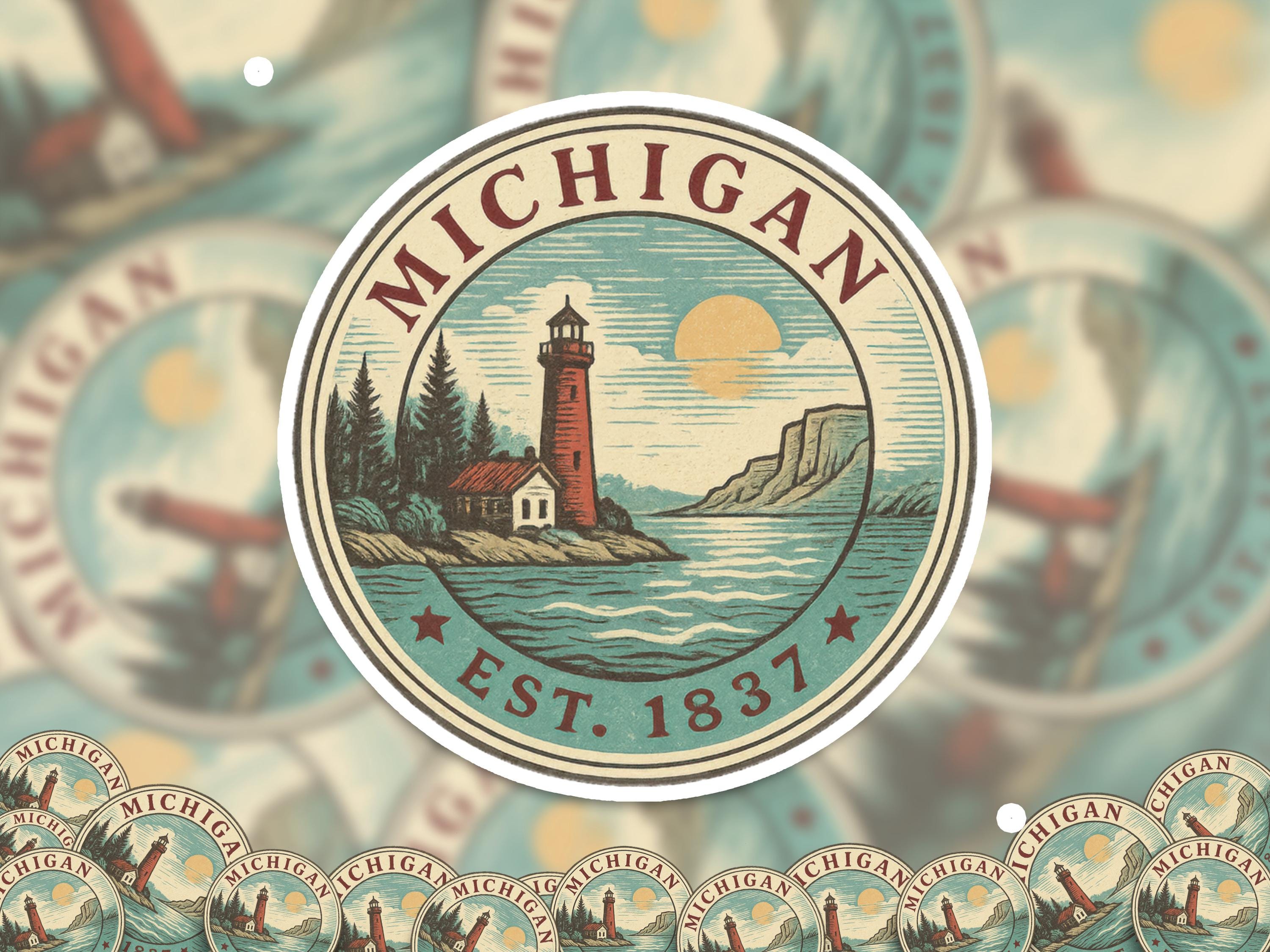 Michigan Sticker, Vintage US States Retro Decal, Waterproof Retro Travel Collection for Laptop Tumbler