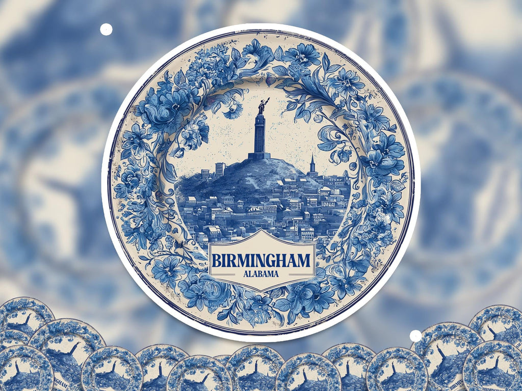 Birmingham Alabama Sticker Vintage Delft style, Delftware Decal Waterproof Vinyl, Blue City Travel USA