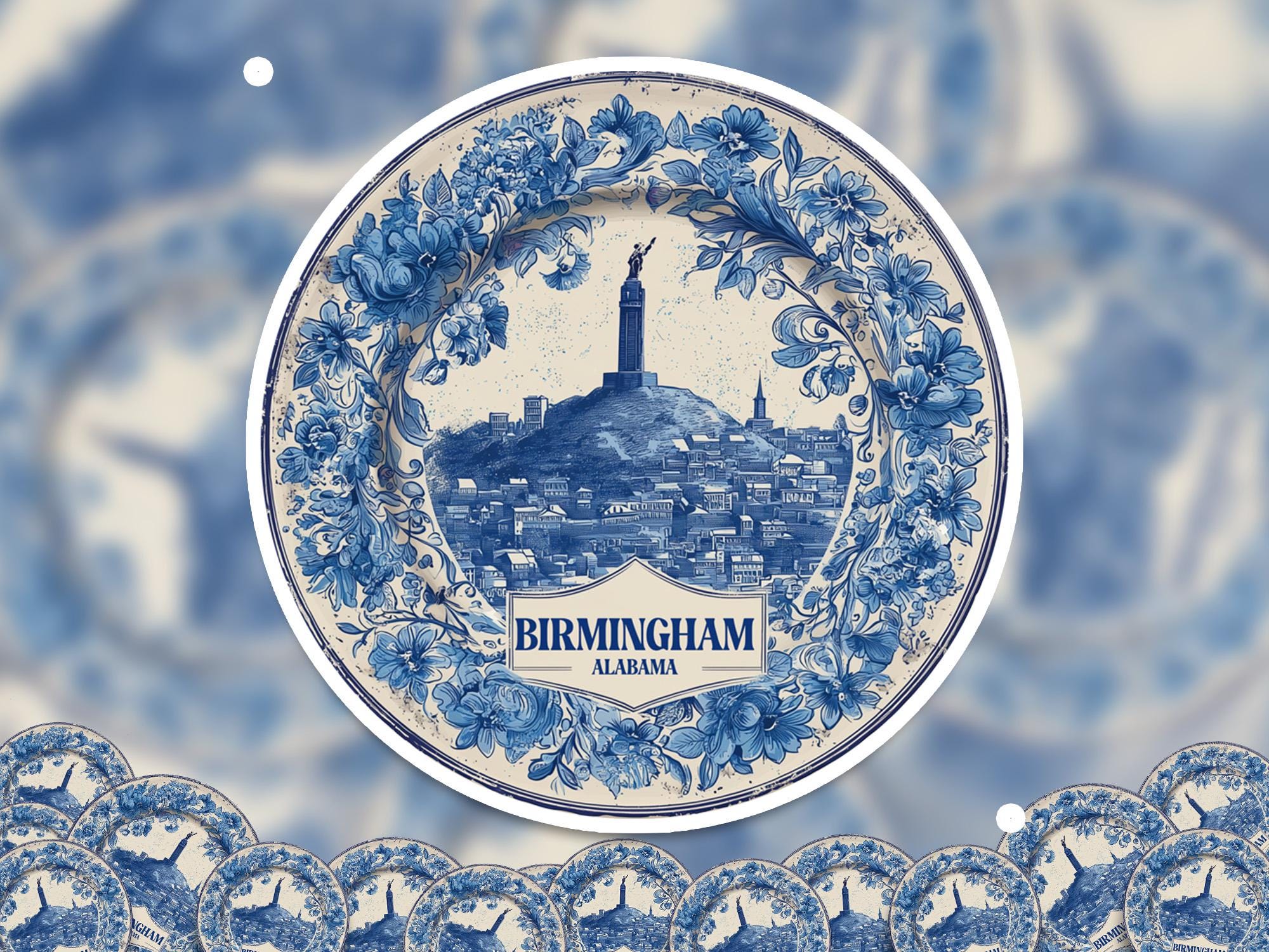 Birmingham Alabama Sticker Vintage Delft style, Delftware Decal Waterproof Vinyl, Blue City Travel USA