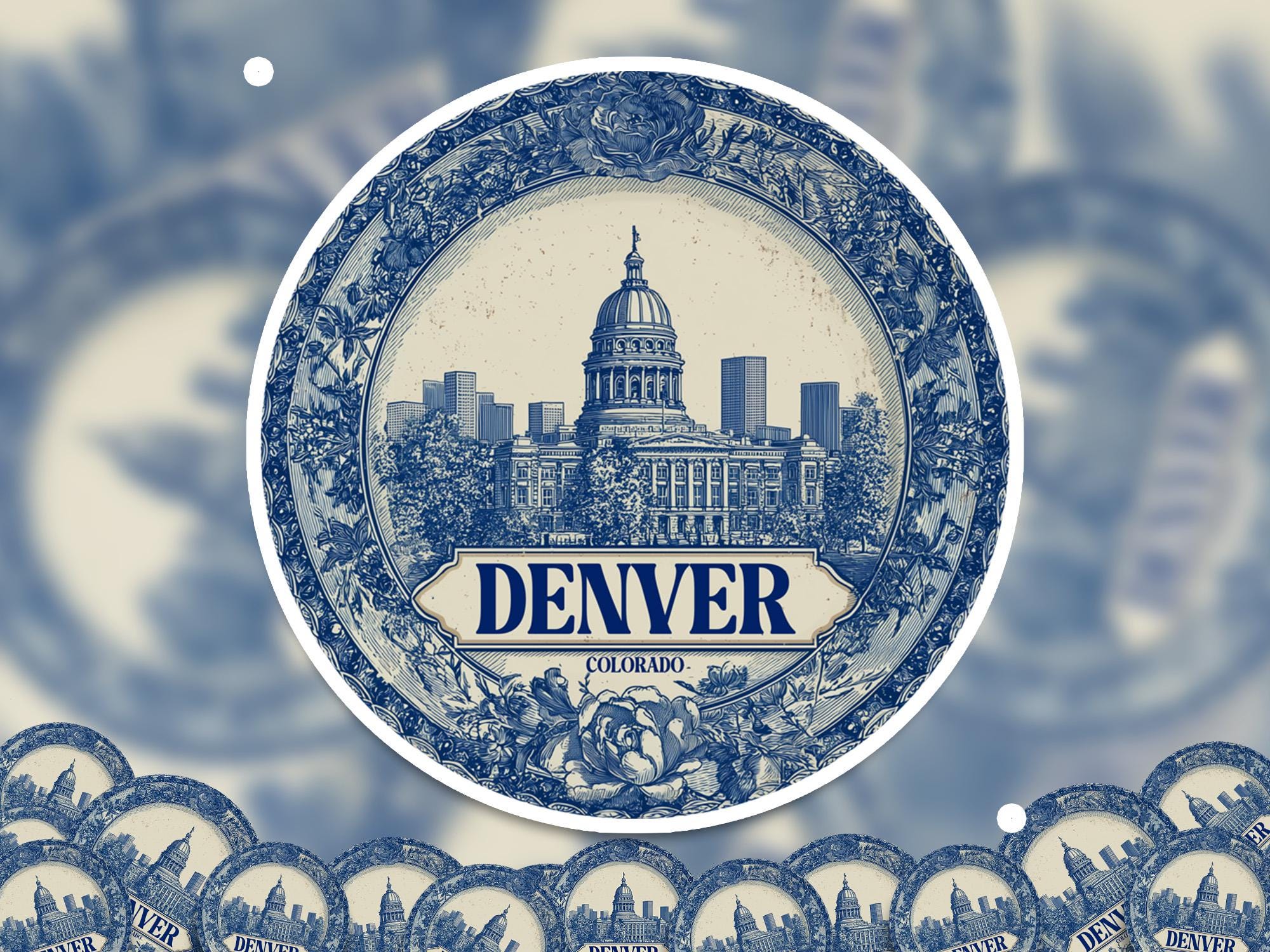 Denver Colorado Sticker Vintage Delft style, Delftware Decal Waterproof Vinyl, Blue City Travel