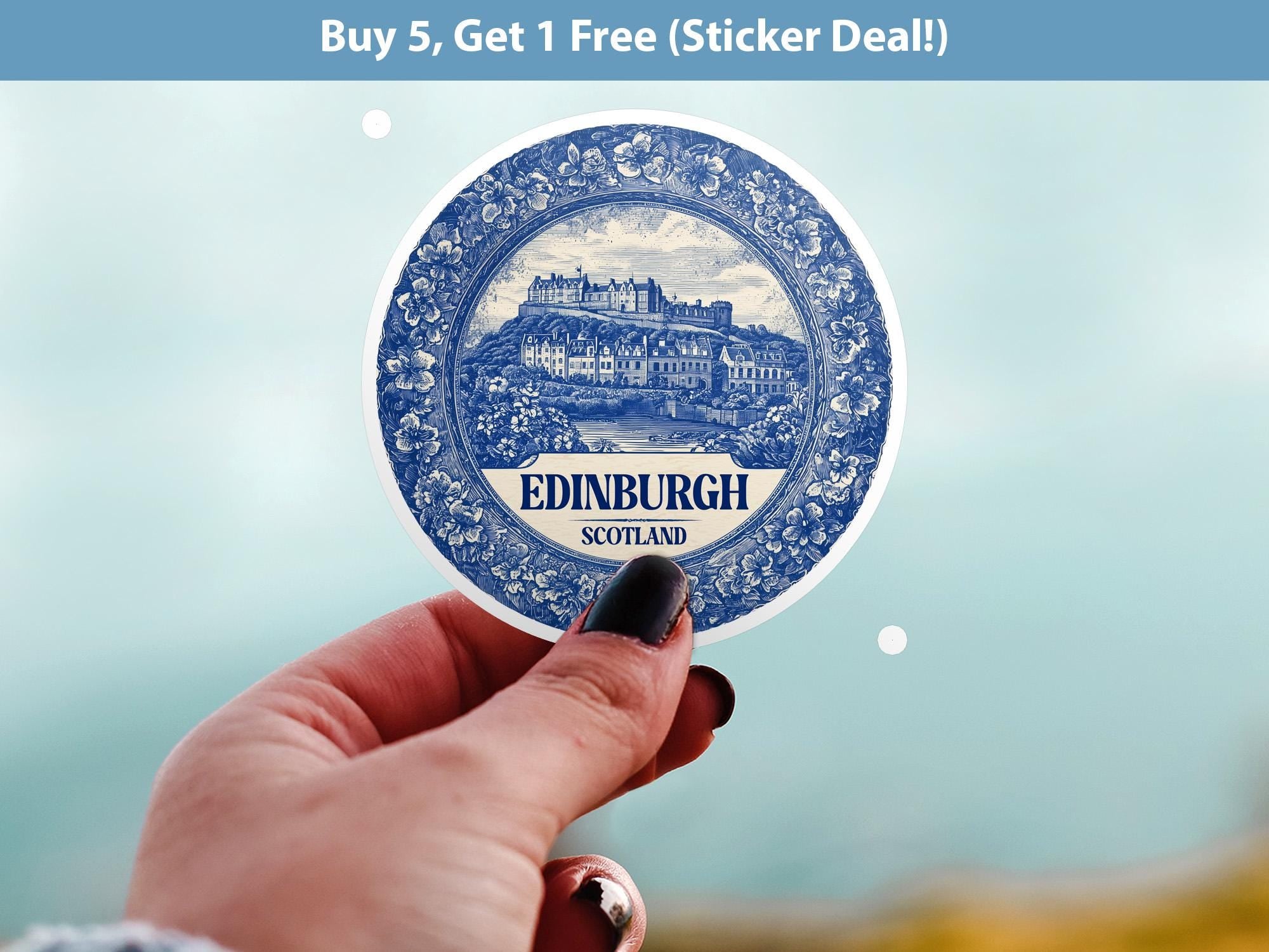 Edinburgh Scotland Sticker Vintage Delft style, Delftware Decal Waterproof Vinyl, Blue City Travel