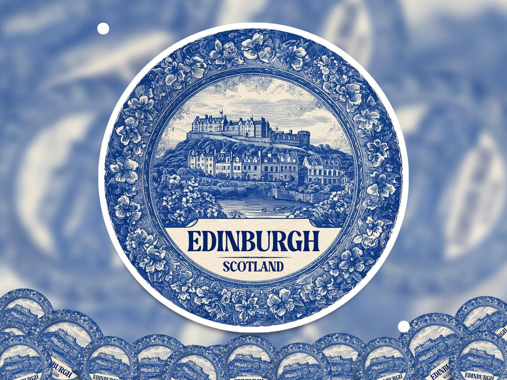 Edinburgh Scotland Sticker Vintage Delft style, Delftware Decal Waterproof Vinyl, Blue City Travel