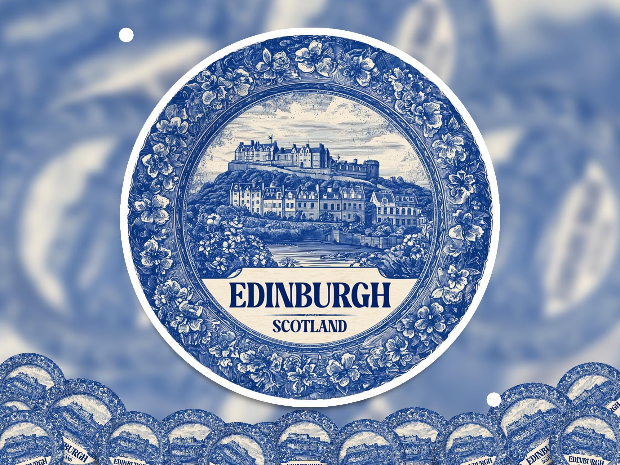 Edinburgh Scotland Sticker Vintage Delft style, Delftware Decal Waterproof Vinyl, Blue City Travel