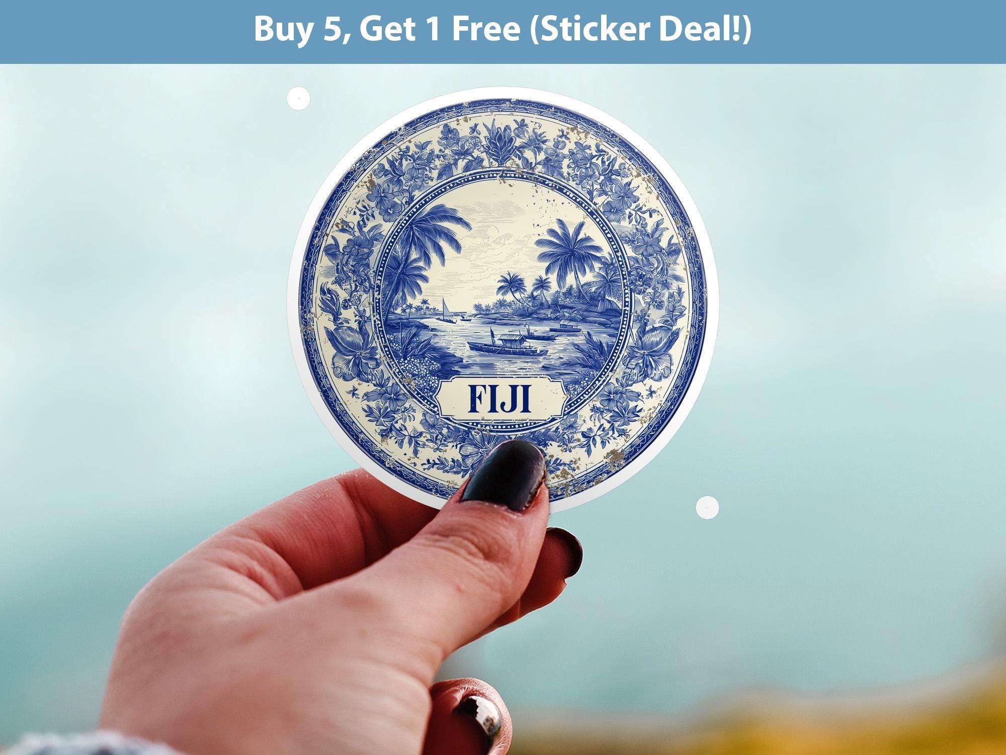 Fiji Sticker Vintage Delft style, Delftware Decal Waterproof Vinyl, Blue City Travel