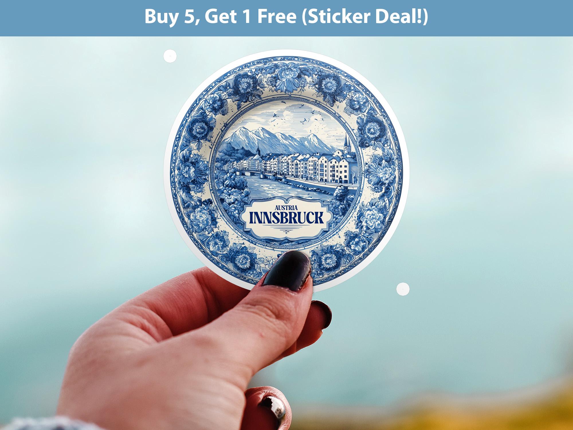 Innsbruck Austria Sticker Vintage Delft style, Delftware Decal Waterproof Vinyl, Blue City Travel