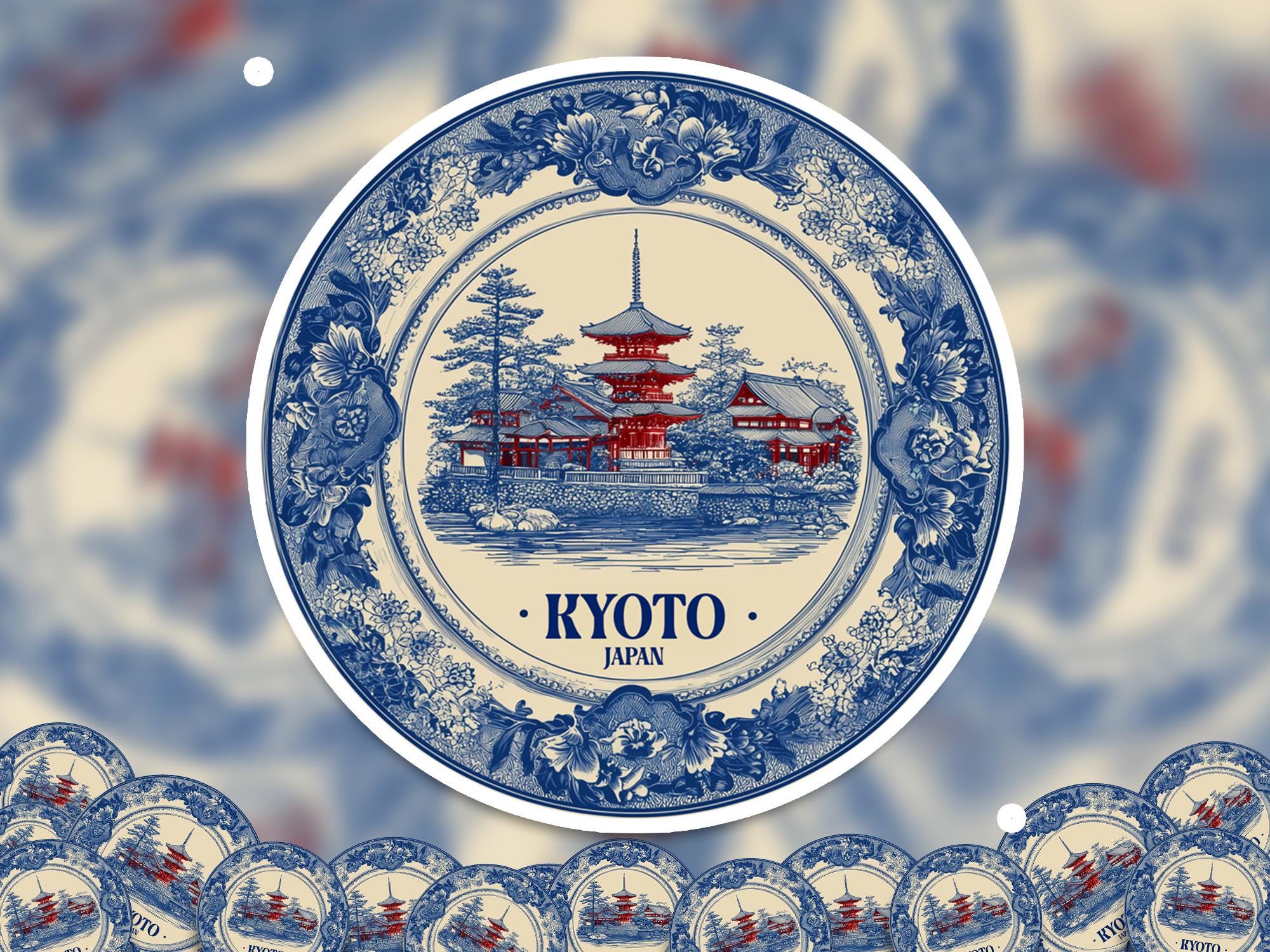 Kyoto Japan Sticker Vintage Delft style, Delftware Decal Waterproof Vinyl, Blue City Travel